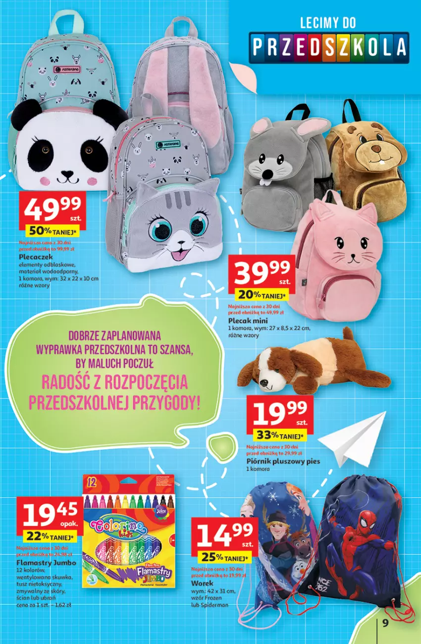 Gazetka promocyjna Auchan - Odlotowe ceny na start szkoły Hipermarket - ważna 17.07 do 30.07.2025 - strona 9 - produkty: Flamastry, Frozen, Piórnik, Plecak, Por, Spiderman, Tusz