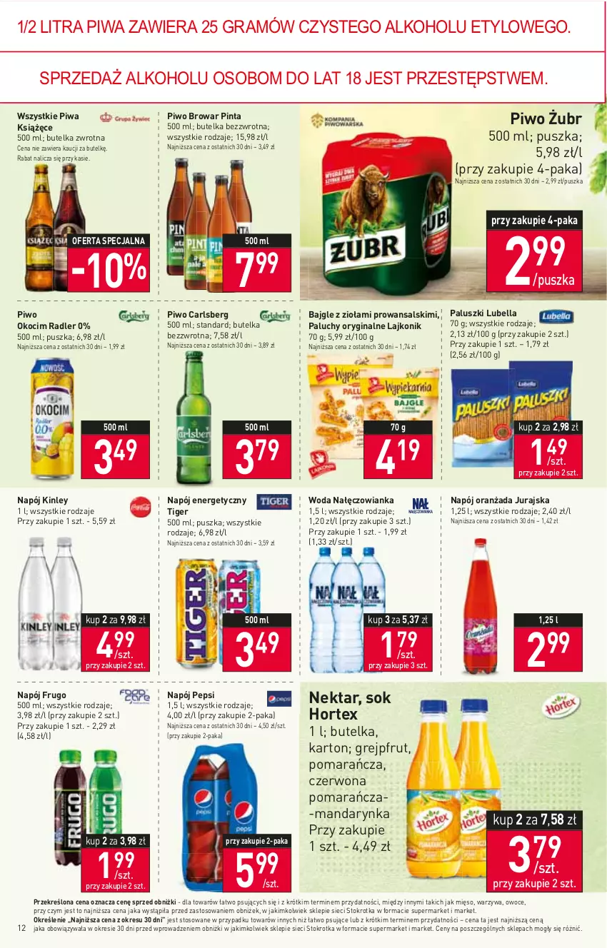 Gazetka promocyjna Stokrotka - Supermarket - ważna 09.02 do 15.02.2023 - strona 12 - produkty: Bajgle, Bell, Bella, Carlsberg, Gin, Gra, Grejpfrut, Hortex, Koc, Książęce, Lajkonik, Lubella, Mięso, Nałęczowianka, Napój, Napój energetyczny, Nektar, Okocim, Oranżada, Owoce, Pepsi, Piwa, Piwo, Radler, Sok, Tiger, Warzywa, Woda