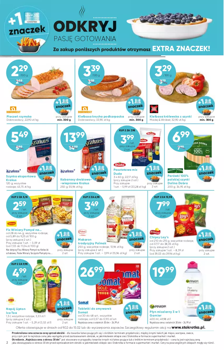 Gazetka promocyjna Stokrotka - Supermarket - ważna 09.02 do 15.02.2023 - strona 2 - produkty: Chipsy, Duda, Garnier, Ice tea, Kabanos, Karp, Kiełbasa, Kiełbasa krucha, Krakus, Lay’s, Lipton, Makaron, Mięso, Napój, Olma, Owoce, Parówki, Pasztet, Piec, Pieczeń rzymska, Płyn micelarny, Por, Somat, Sport, Szynka, Tablet, Warzywa, Winiary