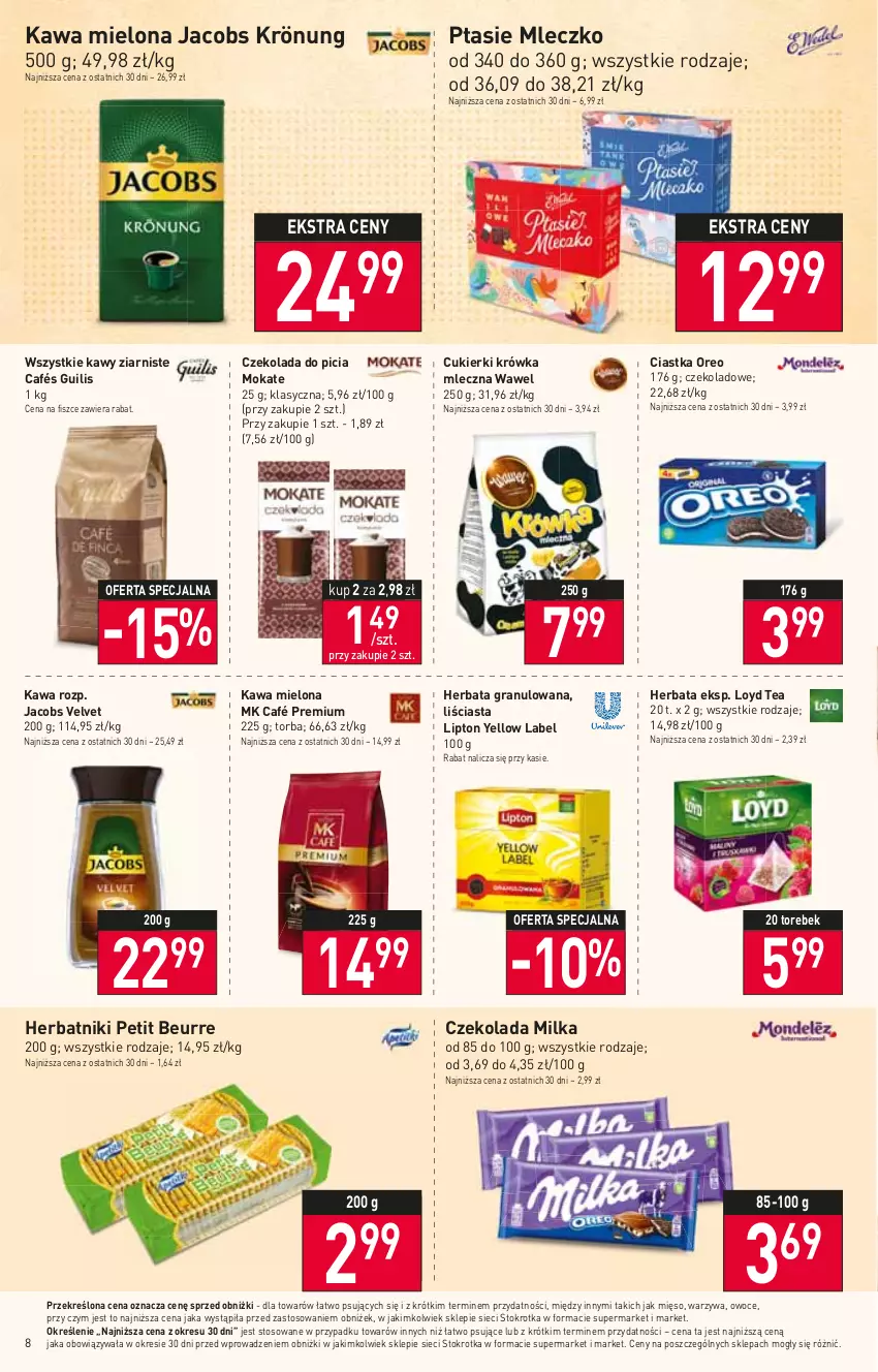 Gazetka promocyjna Stokrotka - Supermarket - ważna 09.02 do 15.02.2023 - strona 8 - produkty: Ciastka, Cukier, Cukierki, Czekolada, Gra, Herbata, Herbatniki, Herbatniki Petit Beurre, Jacobs, Jacobs Krönung, Jacobs Velvet, Kawa, Kawa mielona, Lipton, Loyd, Mięso, Milka, Mleczko, Oreo, Owoce, Ptasie mleczko, Torba, Velvet, Warzywa, Wawel