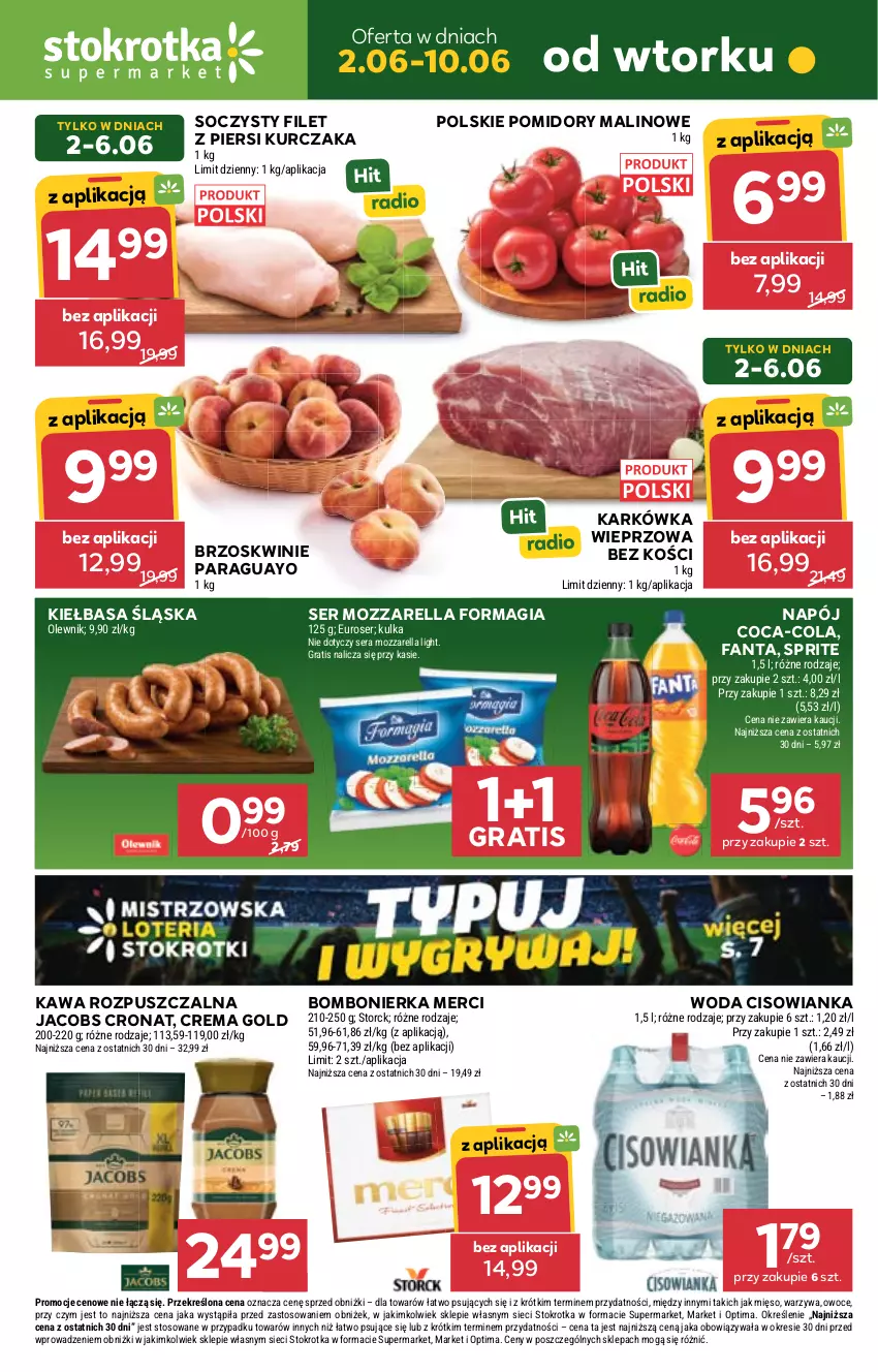 Gazetka promocyjna Stokrotka - Supermarket - ważna 02.06 do 10.06.2026 - strona 1 - produkty: Brzoskwinie, Cisowianka, Coca-Cola, Fa, Fanta, Filet z piersi kurczaka, Gra, Jacobs, Karkówka wieprzowa, Kawa, Kawa rozpuszczalna, Kiełbasa, Kiełbasa śląska, Kurczak, Merci, Mięso, Mozzarella, Napój, Olewnik, Optima, Owoce, Pomidory, Ser, Sprite, Warzywa, Woda