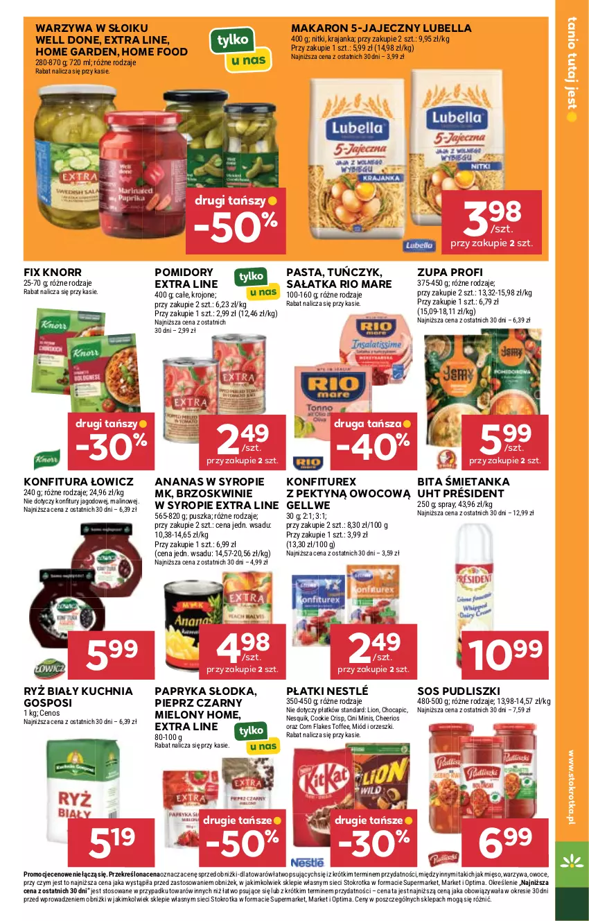 Gazetka promocyjna Stokrotka - Supermarket - ważna 02.06 do 10.06.2026 - strona 23 - produkty: Ananas, Bell, Bella, Brzoskwinie, Cenos, Cheerios, Cini Minis, Corn flakes, Knorr, Konfitura, Kuchnia, Lion, Lubella, Makaron, Mięso, Miód, Nesquik, Nestlé, Optima, Orzeszki, Owoce, Papryka, Papryka słodka, Pieprz, Pomidory, Président, Pudliszki, Rio Mare, Ryż, Ryż biały, Sałat, Sałatka, Sos, Syrop, Tuńczyk, Warzywa, Zupa