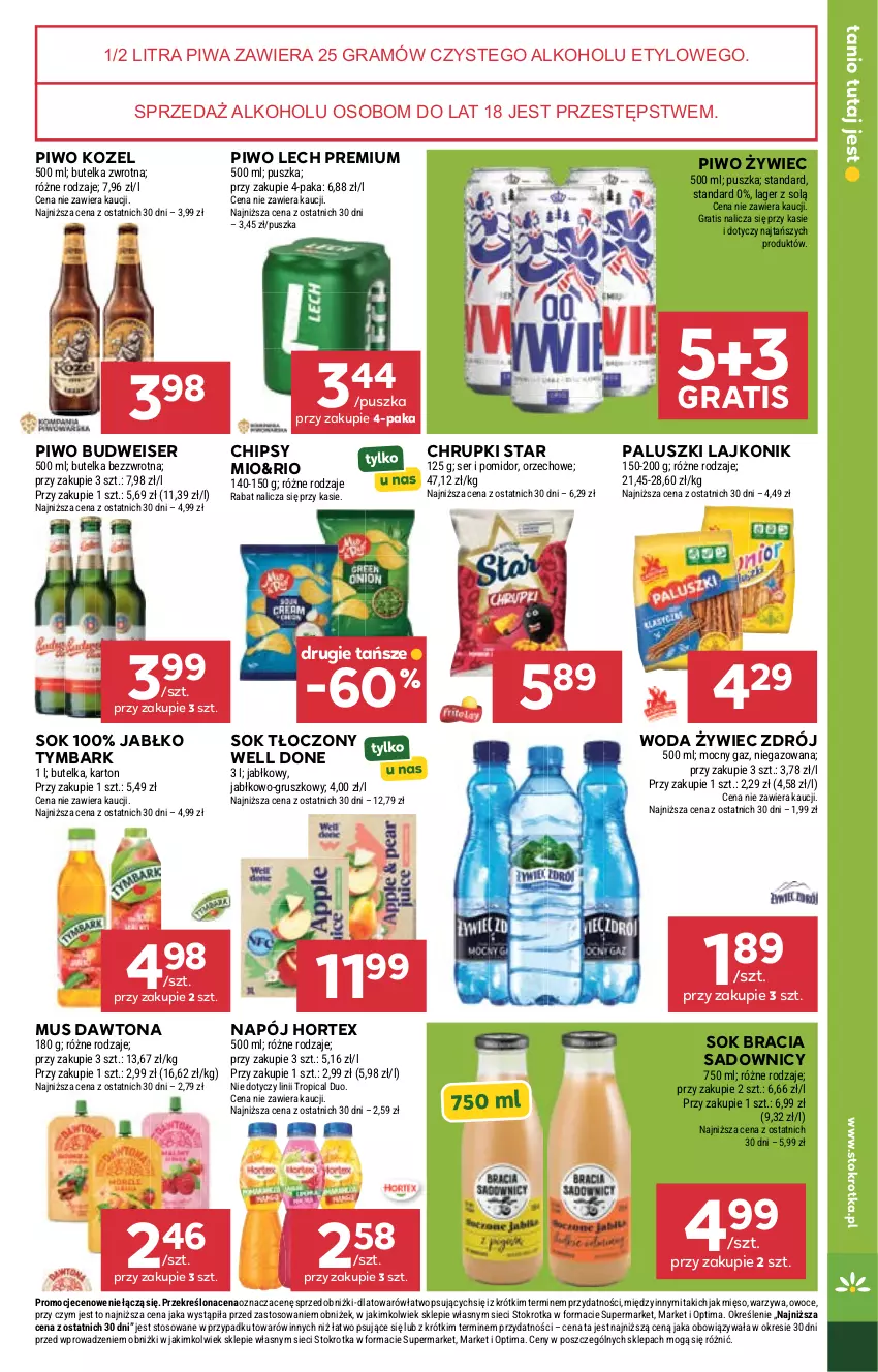 Gazetka promocyjna Stokrotka - Supermarket - ważna 02.06 do 10.06.2026 - strona 25 - produkty: Chipsy, Chrupki, Dawtona, Gra, Hortex, Kozel, Lajkonik, Lech Premium, Mięso, Mus, Napój, Optima, Owoce, Piwa, Piwo, Ser, Sok, Tropical, Tymbark, Warzywa, Woda