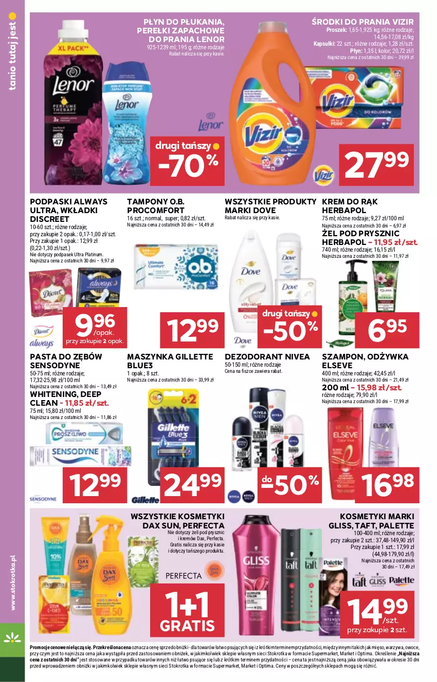Gazetka promocyjna Stokrotka - Supermarket - ważna 02.06 do 10.06.2026 - strona 30 - produkty: Always, Always Ultra, DAX, Dezodorant, Discreet, Dove, Elseve, Gillette, Gra, Herbapol, Krem do rąk, Lenor, Maszynka, Mięso, Nivea, O.B., Odżywka, Optima, Owoce, Palette, Pasek, Pasta do zębów, Perełki zapachowe, Perfecta, Płyn do płukania, Podpaski, Sensodyne, Szampon, Szynka, Taft, Tampony, Vizir, Warzywa, Wkładki