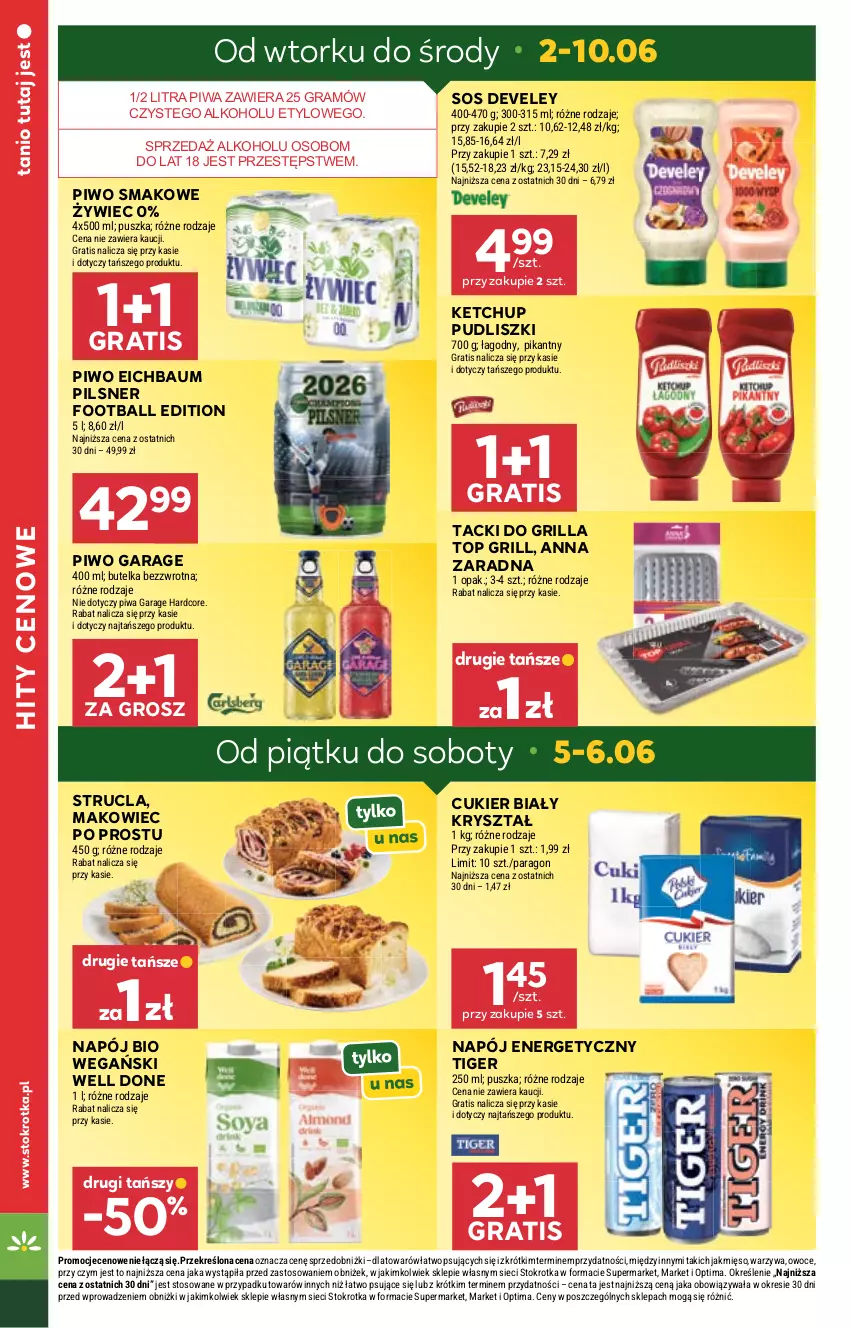 Gazetka promocyjna Stokrotka - Supermarket - ważna 02.06 do 10.06.2026 - strona 4 - produkty: Cukier, Gra, Grill, Ketchup, Makowiec, Mięso, Napój, Napój energetyczny, Optima, Owoce, Piwa, Piwo, Pudliszki, Sos, Strucla, Tiger, Top, Warzywa