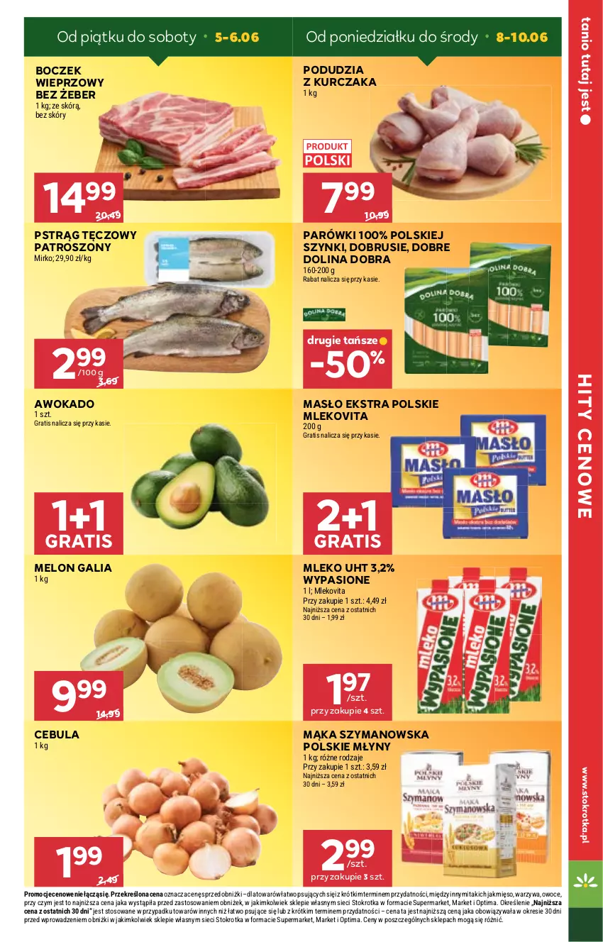 Gazetka promocyjna Stokrotka - Supermarket - ważna 02.06 do 10.06.2026 - strona 5 - produkty: Boczek, Boczek wieprzowy, Cebula, Gra, Kurczak, Mąka, Masło, Melon, Mięso, Mleko, Mlekovita, Obrus, Optima, Owoce, Parówki, Polskie Młyny, Pstrąg, Pstrąg tęczowy, Warzywa