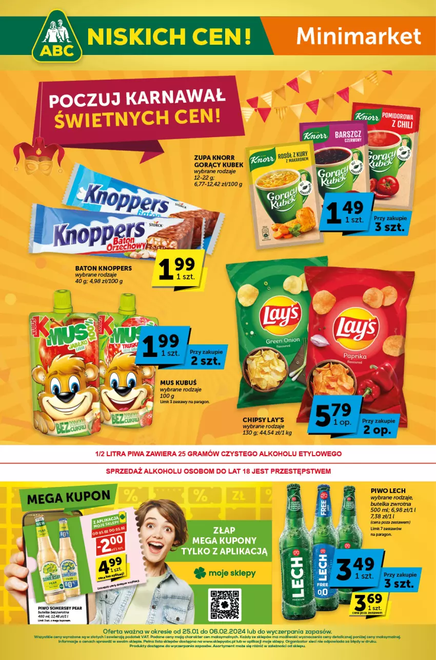 Gazetka promocyjna ABC - ważna 25.01 do 06.02.2024 - strona 1 - produkty: Baton, Chipsy, Gra, Knoppers, Knorr, Kubek, Kubuś, Mus, Piwa, Piwo, Por, Sport, Zupa