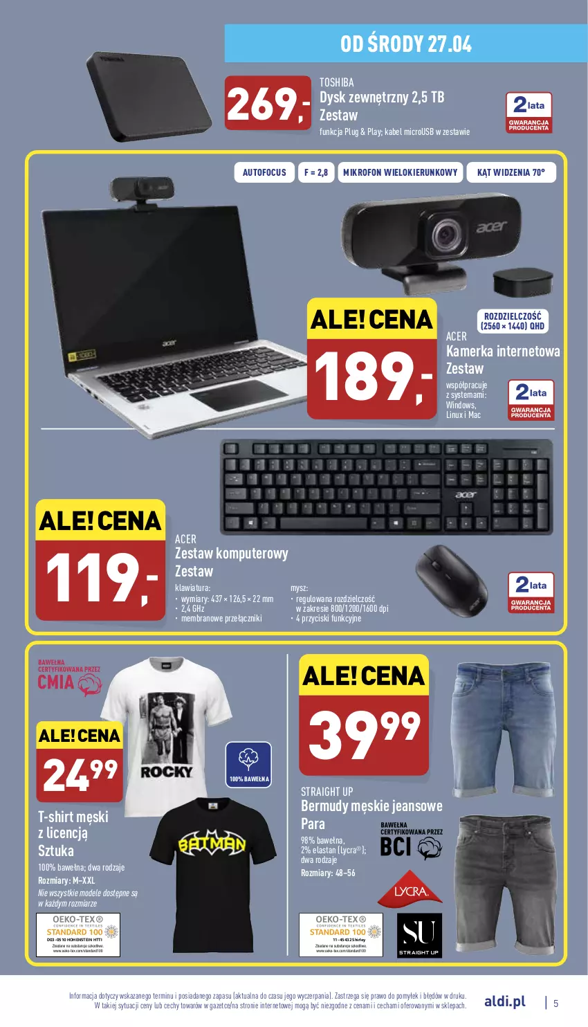 Gazetka promocyjna Aldi - Katalog Moda i Dom - ważna 28.04 do 30.04.2022 - strona 5 - produkty: Acer, Bermudy, Klawiatura, Komputer, Mikrofon, Mysz, T-shirt, Toshiba, Wełna