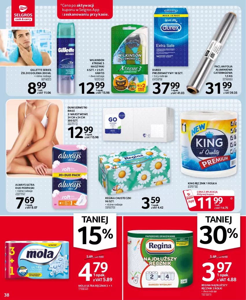 Gazetka promocyjna Selgros - Oferta spożywcza - ważna 15.04 do 28.04.2021 - strona 38 - produkty: Always, Always Ultra, Chusteczki, Durex, Folia aluminiowa, Gillette, Gin, Gra, LG, Mola, Podpaski, Prezerwatyw, Ręcznik, Rolki, Ser, Serwetki