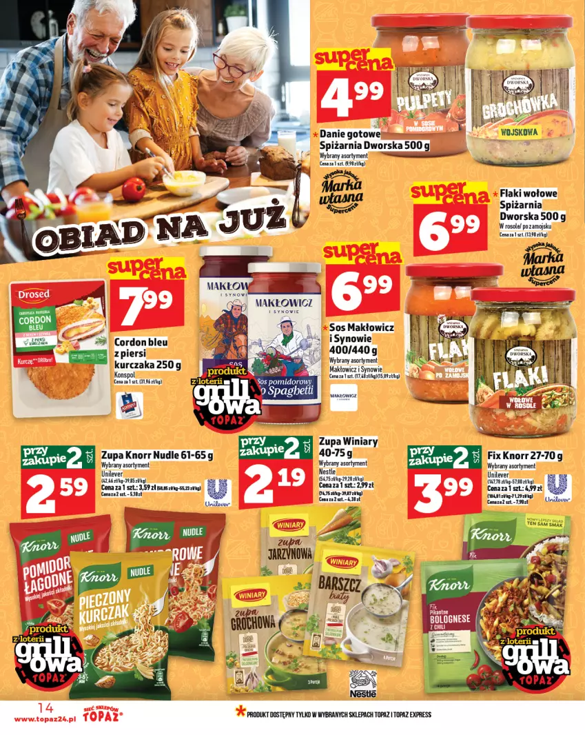 Gazetka promocyjna Topaz - Gazetka - ważna 05.06 do 11.06.2025 - strona 14 - produkty: Cordon Bleu, Danie gotowe, Fa, Flaki, Flaki wołowe, Knorr, Kurczak, Sos, Top, Winiary, Zupa