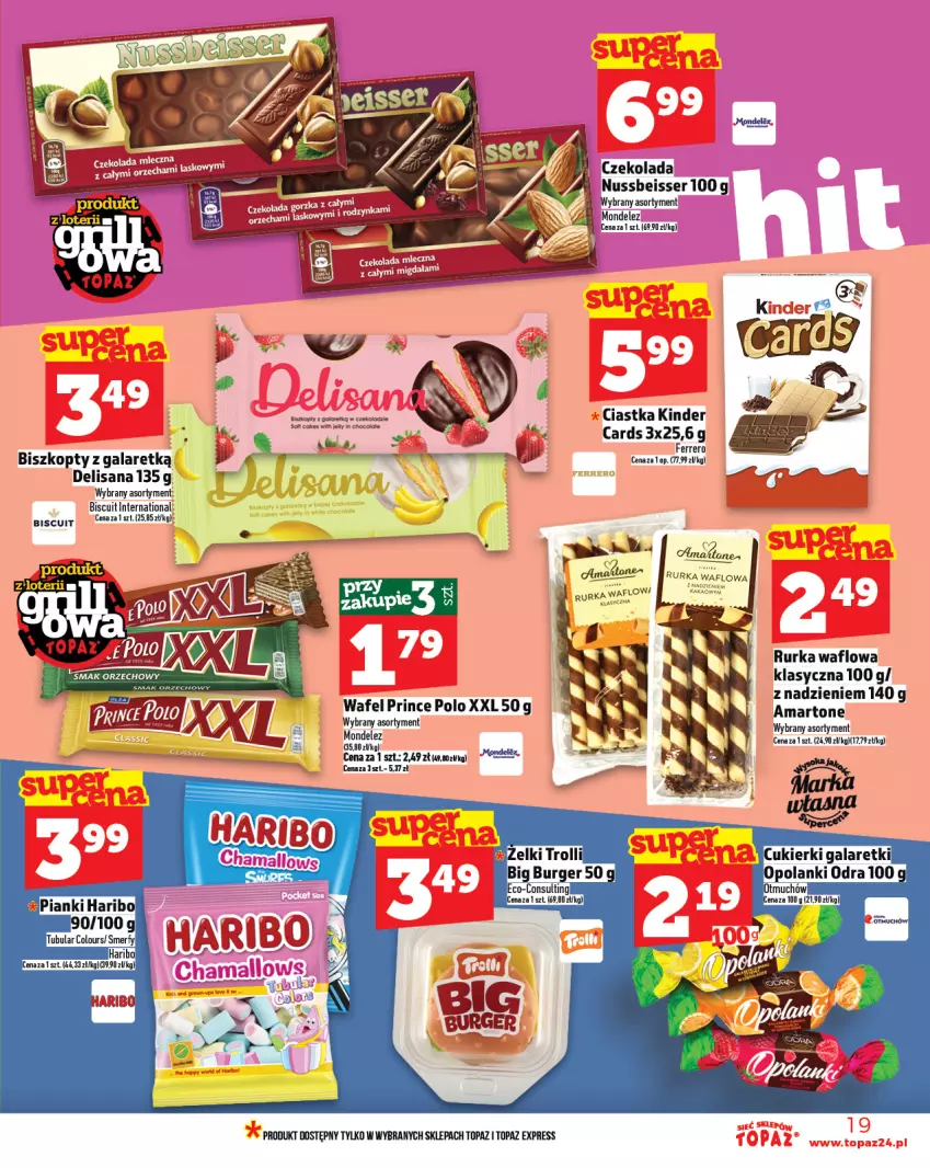 Gazetka promocyjna Topaz - Gazetka - ważna 05.06 do 11.06.2025 - strona 19 - produkty: Biszkopty, Burger, Ciastka, Czekolada, Ferrero, Gala, Haribo, Isana, Kinder, Prince Polo, Ser, Top