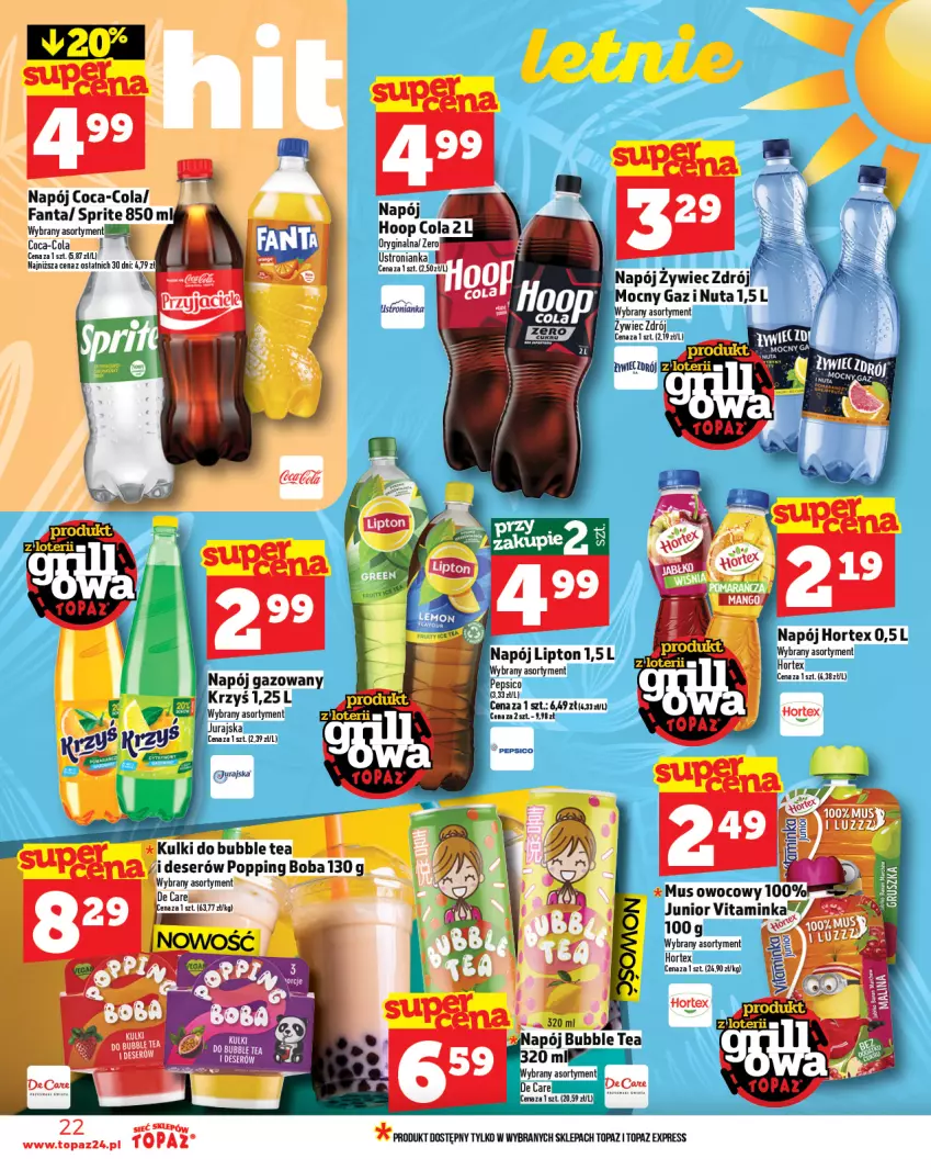 Gazetka promocyjna Topaz - Gazetka - ważna 05.06 do 11.06.2025 - strona 22 - produkty: Coca-Cola, Deser, Fa, Fanta, Hortex, Inka, Lipton, Mus, Napój, Napój gazowany, Pepsi, Por, Ser, Sprite, Top
