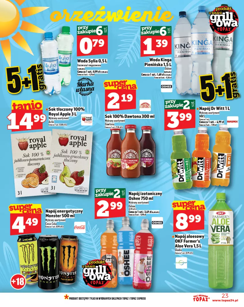 Gazetka promocyjna Topaz - Gazetka - ważna 05.06 do 11.06.2025 - strona 23 - produkty: Aloe vera, Coca-Cola, Dawtona, Fa, Napój, Napój energetyczny, Napój izotoniczny, Oshee, Sok, Top, Woda