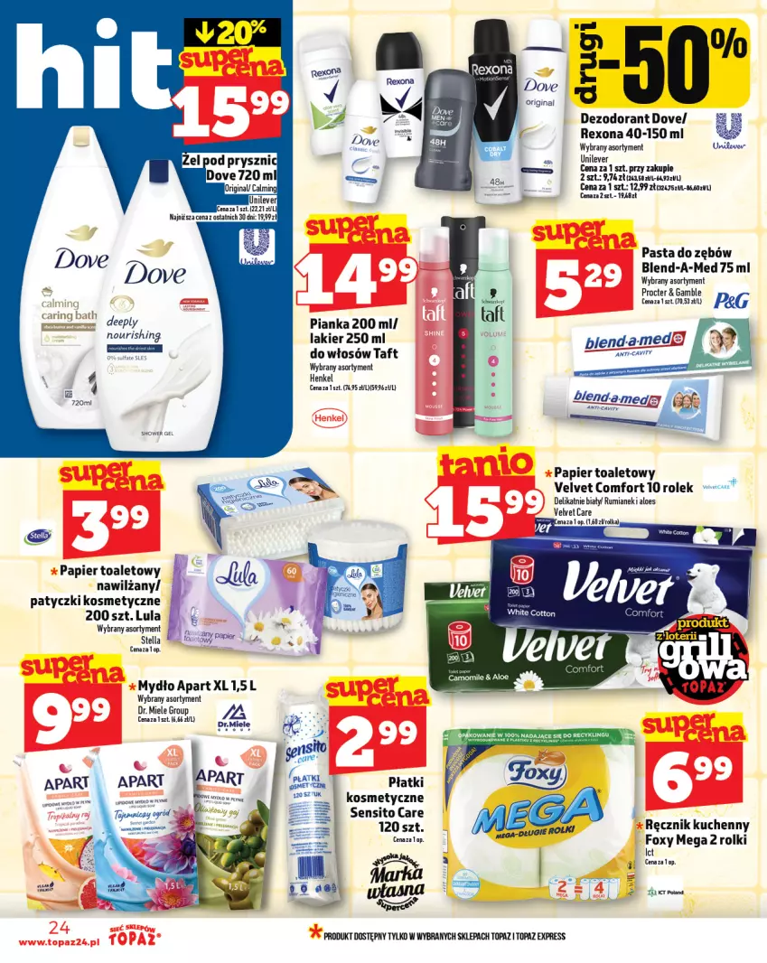 Gazetka promocyjna Topaz - Gazetka - ważna 05.06 do 11.06.2025 - strona 24 - produkty: Blend-a-Med, Dove, Foxy, Gin, Lakier, Mydło, Papier, Papier toaletowy, Pasta do zębów, Płatki kosmetyczne, Ręcznik, Ręcznik kuchenny, Rexona, Rolki, Rum, Sito, Taft, Top, Velvet
