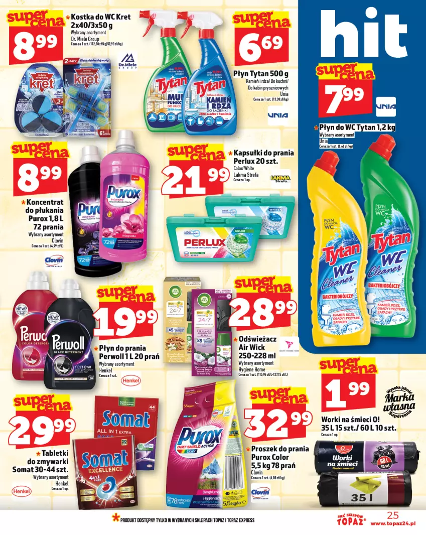 Gazetka promocyjna Topaz - Gazetka - ważna 05.06 do 11.06.2025 - strona 25 - produkty: Air Wick, Fa, Kapsułki do prania, Kostka do wc, Kret, Lovi, Perwoll, Płyn do prania, Płyn do wc, Proszek do prania, Pur, Somat, Top, Tytan, Worki na śmiec, Worki na śmieci