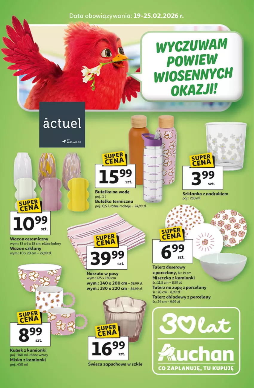 Gazetka promocyjna Auchan - Wiosenne Okazje Hipermarket - ważna 19.02 do 25.02.2026 - strona 1 - produkty: Deser, Kubek, Miseczka, Miska, Narzuta, Por, Ser, Szklanka, Talerz, Talerz deserowy, Talerz obiadowy, Wazon
