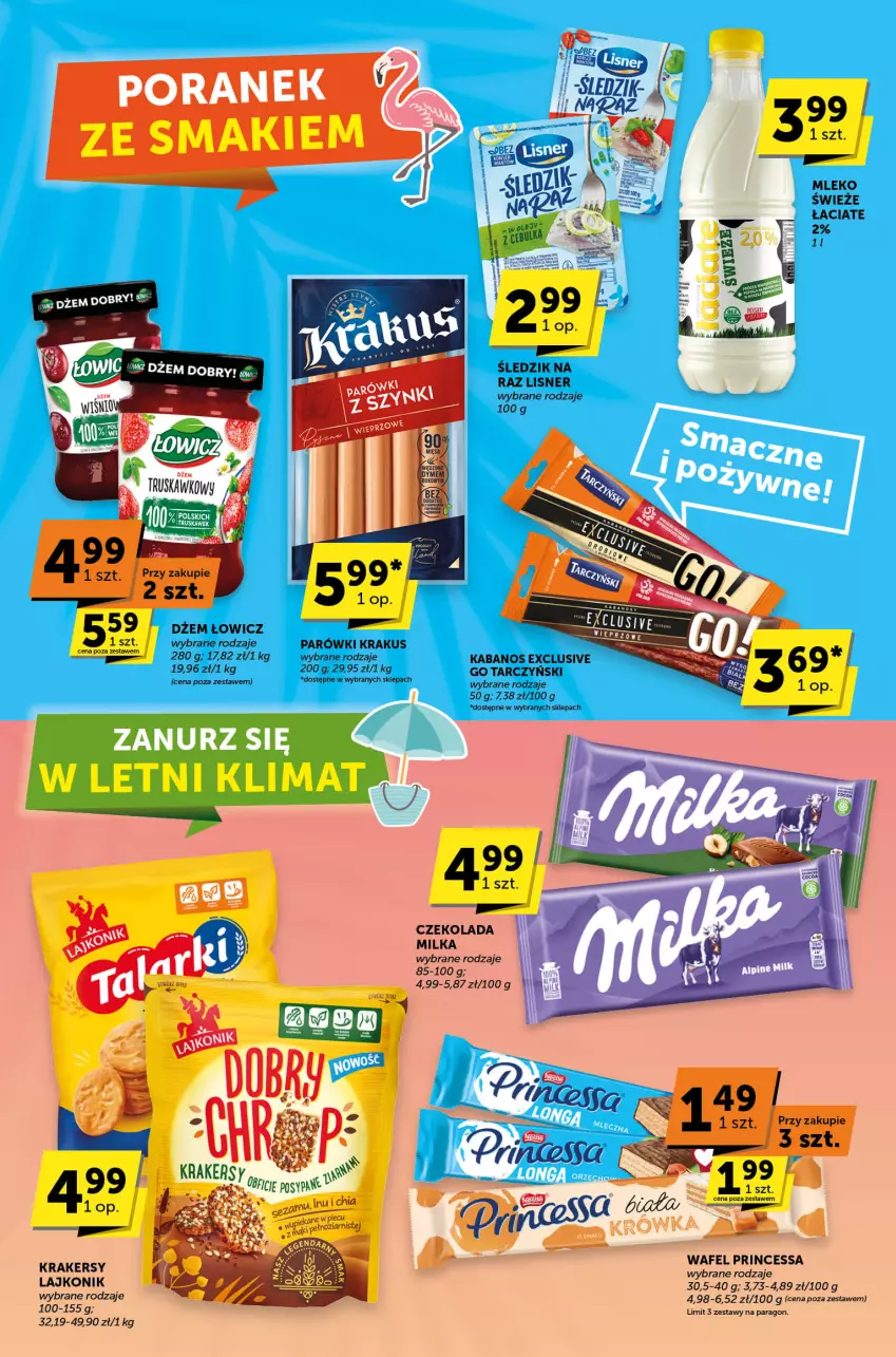 Gazetka promocyjna ABC - ważna 08.08 do 20.08.2024 - strona 3 - produkty: Czekolada, Dżem, Kabanos, Krakersy, Krakus, Lajkonik, Lisner, Milka, Mleko, Parówki, Princessa, Tarczyński