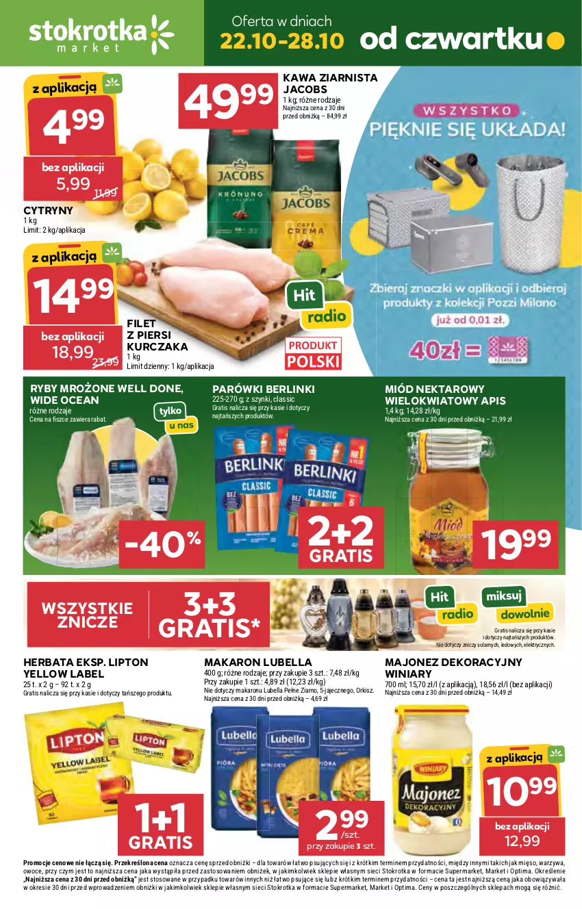 Gazetka promocyjna Stokrotka - Market - ważna 22.10 do 28.10.2026 - strona 1 - produkty: Bell, Bella, Berlinki, Cytryny, Filet z piersi kurczaka, Gra, Herbata, Jacobs, Kawa, Kawa ziarnista, Kurczak, Lipton, Lubella, Majonez, Makaron, Mięso, Miód, Nektar, Optima, Owoce, Parówki, Warzywa, Winiary, Znicz