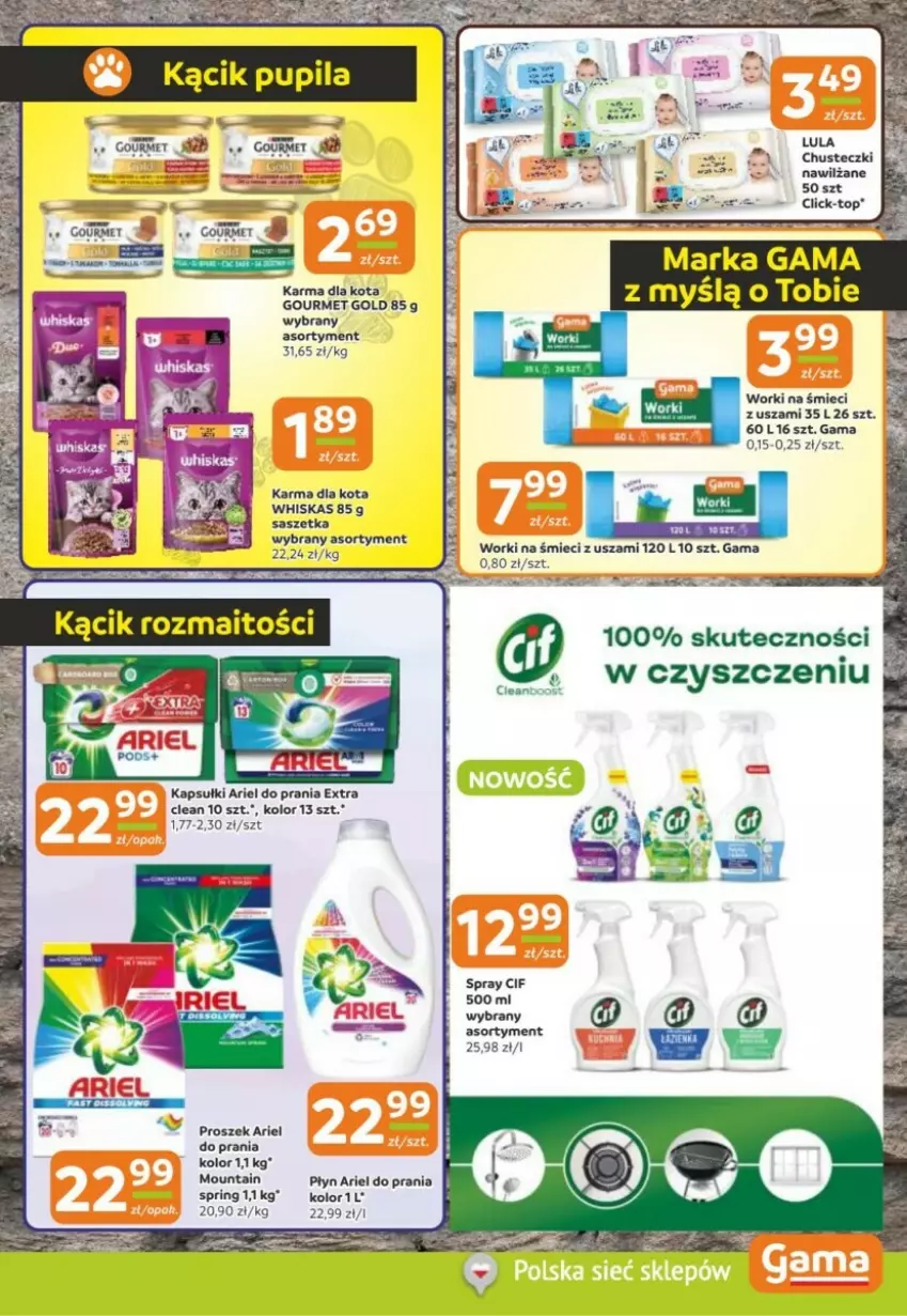 Gazetka promocyjna Gama - ważna 08.08 do 14.08.2024 - strona 12 - produkty: Ariel, Chusteczki, Cif, Gourmet Gold, Top, Whiskas, Worki na śmiec, Worki na śmieci