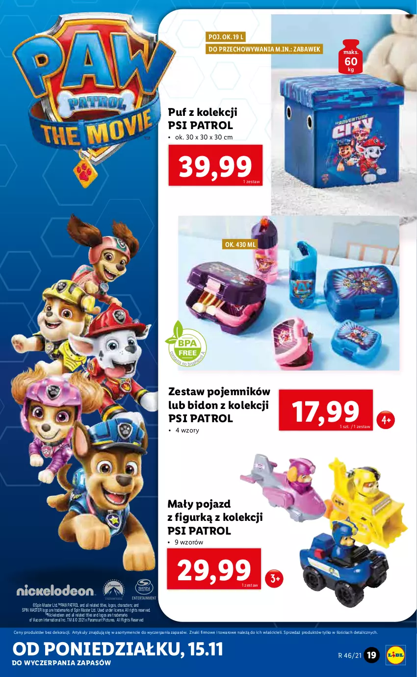 Gazetka promocyjna Lidl - GAZETKA - ważna 15.11 do 21.11.2021 - strona 19 - produkty: Pojazd, Pojemnik, Psi Patrol, Puf, Ser