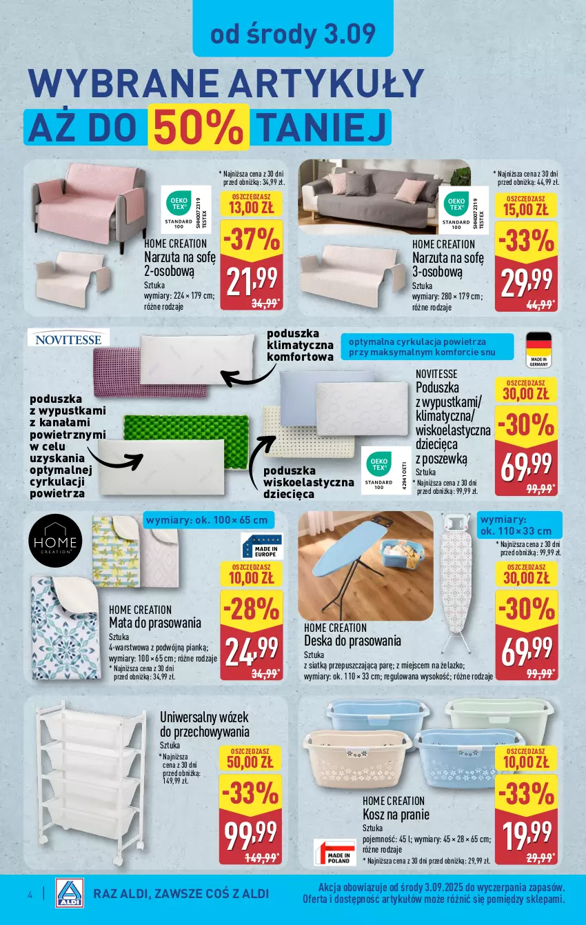 Gazetka promocyjna Aldi - Artykuły przemysłowe i tekstylia - ważna 03.09 do 06.09.2025 - strona 4 - produkty: Deska do prasowania, Dzieci, Kosz, Narzuta, Poduszka, Sok, Wózek