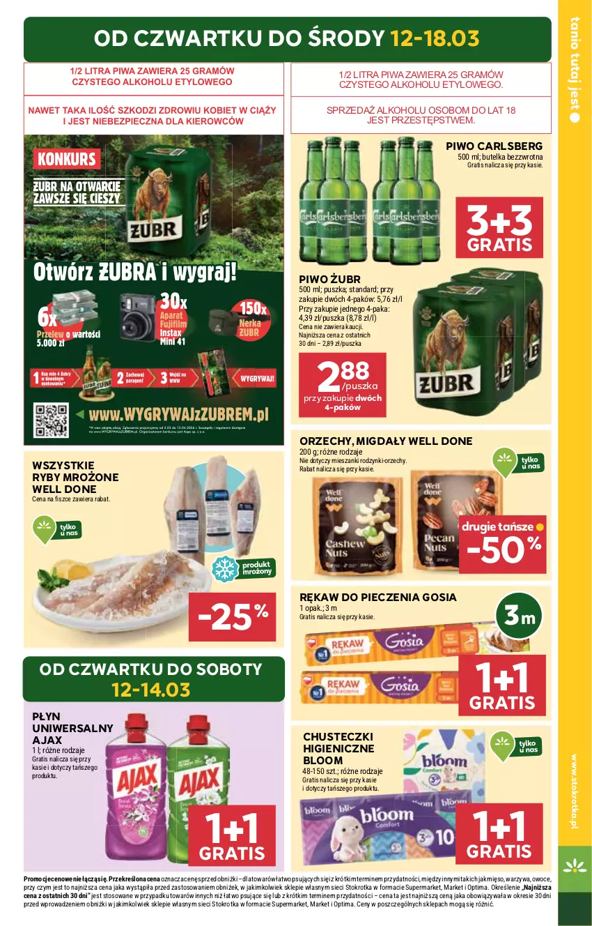 Gazetka promocyjna Stokrotka - Market - ważna 12.03 do 18.03.2026 - strona 3 - produkty: Ajax, Carlsberg, Chusteczki, Gra, Mięso, Migdały, Optima, Owoce, Piec, Piwa, Piwo, Rękaw do pieczenia, Rodzynki, Warzywa