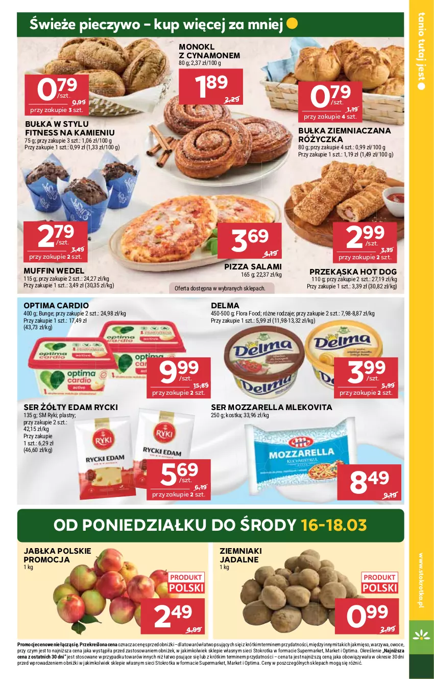 Gazetka promocyjna Stokrotka - Market - ważna 12.03 do 18.03.2026 - strona 5 - produkty: Bułka, Delma, Edam, Flora, Hot dog, Jabłka, Mięso, Mleko, Mlekovita, Mozzarella, Optima, Optima Cardio, Owoce, Piec, Pieczywo, Pizza, Salami, Ser, Warzywa, Ziemniaki
