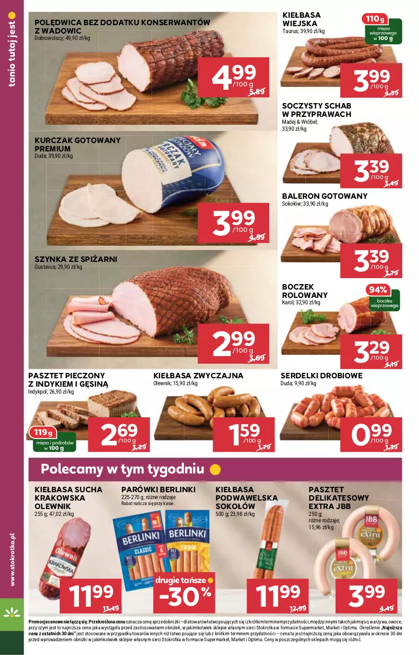 Gazetka promocyjna Stokrotka - Market - ważna 12.03 do 18.03.2026 - strona 6 - produkty: Berlinki, Boczek, Duda, Kiełbasa, Kiełbasa podwawelska, Kiełbasa wiejska, Kurczak, Kurczak gotowany, Mięso, Olewnik, Optima, Owoce, Parówki, Pasztet, Piec, Polędwica, Ser, Serdelki, Sok, Sokołów, Szynka, Warzywa, Wawel