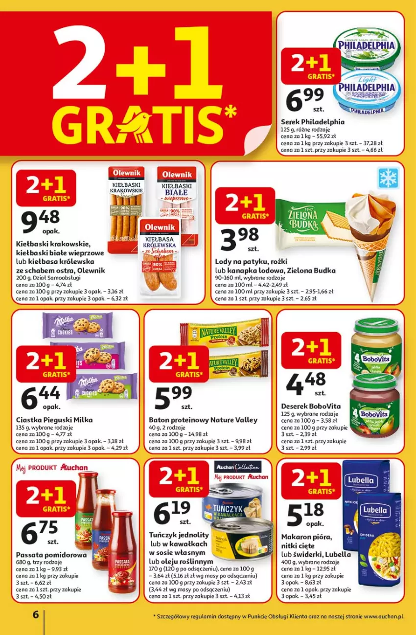 Gazetka promocyjna Auchan - LATO FIRST MINUTE Hipermarket - ważna 03.06 do 11.06.2025 - strona 10 - produkty: Baton, Bell, Bella, BoboVita, Ciastka, Deser, Kawa, Kiełbasa, Kiełbaski białe, Lody, Lubella, Makaron, Milka, Olej, Olewnik, Philadelphia, Ser, Serek, Sos, Tuńczyk, Zielona Budka