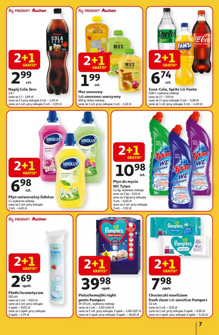 Gazetka promocyjna Auchan - LATO FIRST MINUTE Hipermarket - ważna 03.06 do 11.06.2025 - strona 11 - produkty: Chusteczki, Coca-Cola, Fa, Fanta, Gra, Majtki, Mus, Napój, Pampers, Pieluchomajtki, Płatki kosmetyczne, Płyn do mycia, Sidolux, Sprite, Tytan