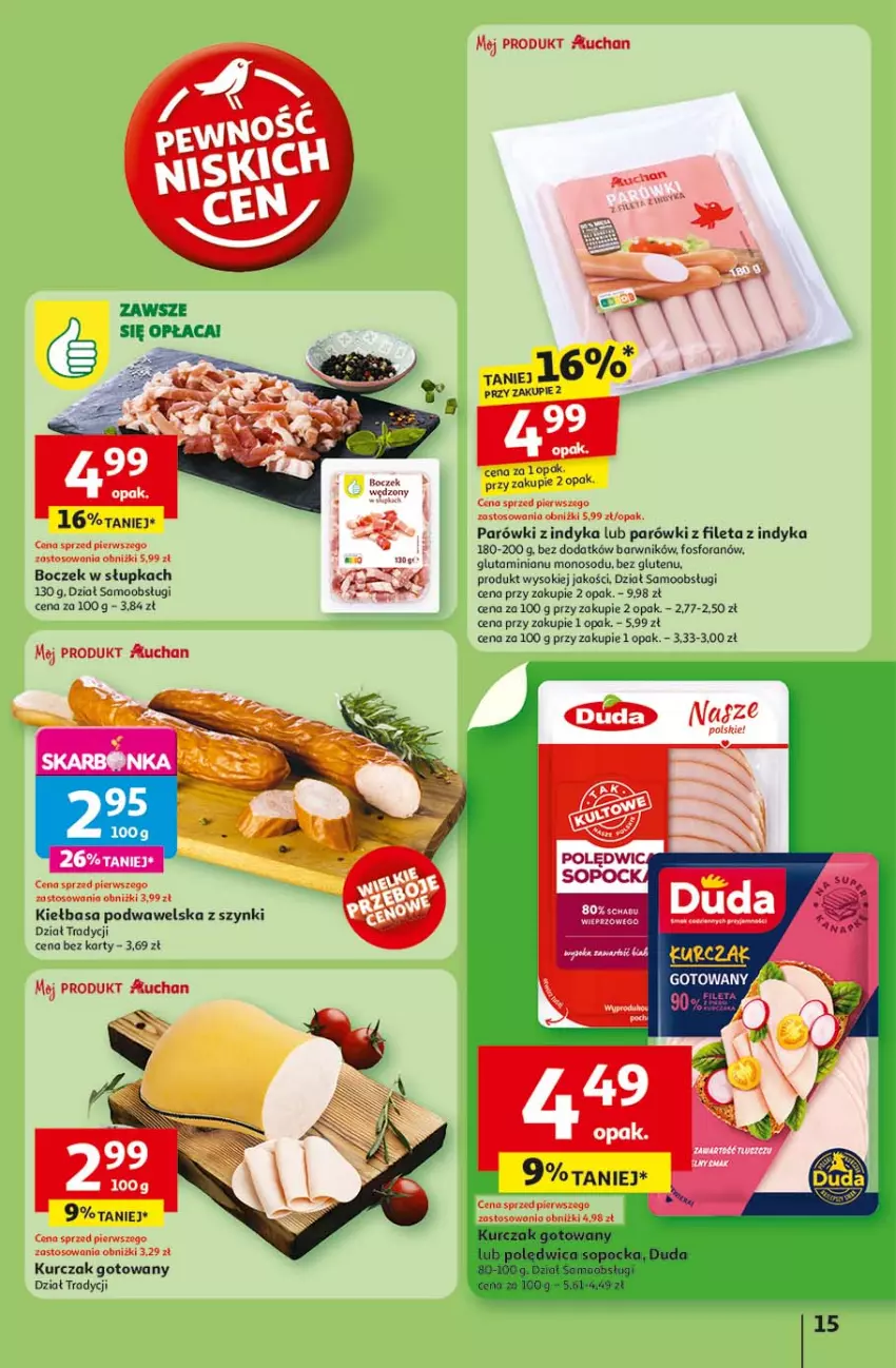 Gazetka promocyjna Auchan - LATO FIRST MINUTE Hipermarket - ważna 03.06 do 11.06.2025 - strona 19 - produkty: Boczek, Kiełbasa, Kiełbasa podwawelska, Kurczak, Kurczak gotowany, Parówki, Parówki z indyka, Pax, Sok, Wawel
