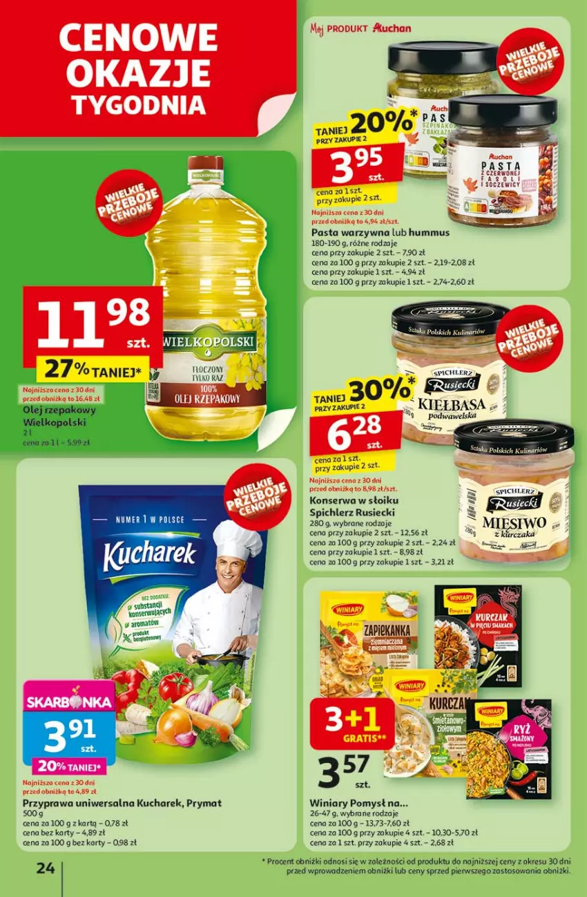 Gazetka promocyjna Auchan - LATO FIRST MINUTE Hipermarket - ważna 03.06 do 11.06.2025 - strona 28 - produkty: Fa, Hummus, Kiełbasa, Kucharek, Mus, Olej, Olej rzepakowy, Pasta warzywna, Prymat, Przyprawa uniwersalna, Ser, Spichlerz Rusiecki, Wawel, Winiary