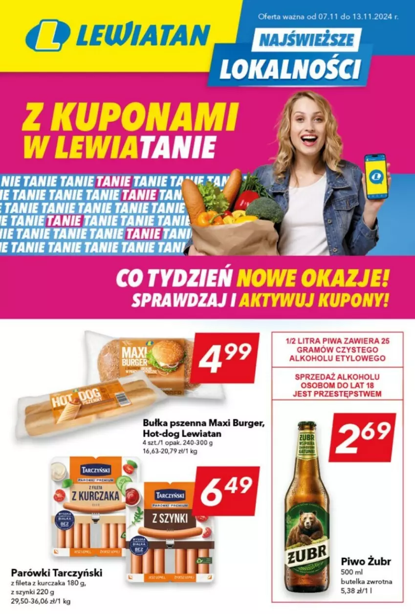 Gazetka promocyjna Lewiatan - ważna 07.11 do 13.11.2024 - strona 1 - produkty: Bułka, Burger, Kurczak, Parówki, Piwo, Tarczyński