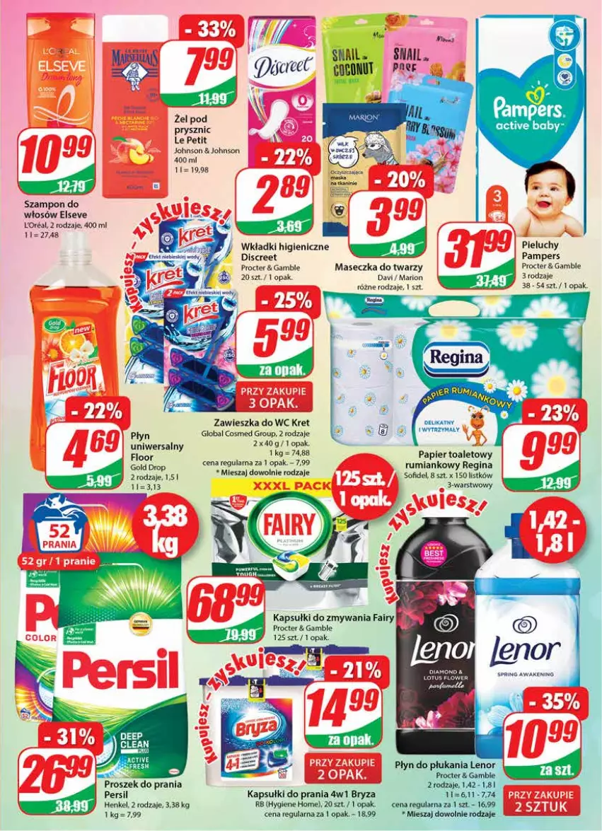 Gazetka promocyjna Dino - Gazetka - ważna 23.03 do 29.03.2022 - strona 23 - produkty: Bryza, Discreet, Elseve, Fa, Fairy, Gin, Kapsułki do prania, Kret, Lenor, Pampers, Papier, Papier toaletowy, Persil, Pieluchy, Płyn do płukania, Proszek do prania, Rum, Ser, Szampon, Wkładki, Zawieszka do wc