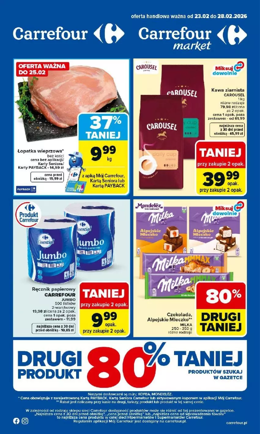 Gazetka promocyjna Carrefour - Gazetka Carrefour, Market od poniedziałku! - ważna 23.02 do 28.02.2026 - strona 1 - produkty: Czekolada, Kawa, Kawa ziarnista, Milka, Mleczko, Papier, Ręcznik, Ryba
