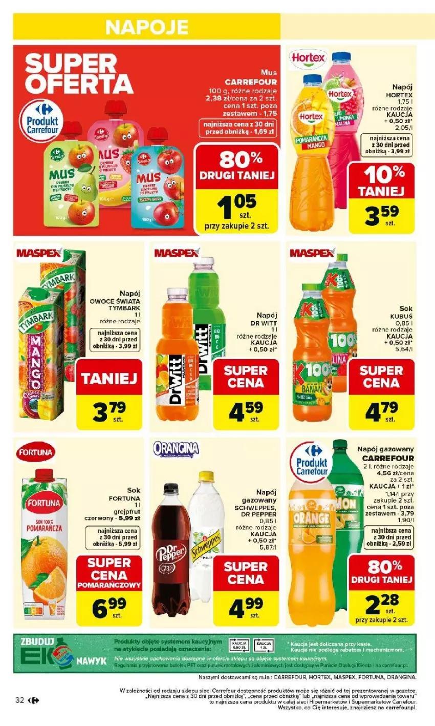 Gazetka promocyjna Carrefour - Gazetka Carrefour, Market od poniedziałku! - ważna 23.02 do 28.02.2026 - strona 34 - produkty: Fortuna, Gin, Grejpfrut, Hortex, Kubuś, Napój, Napój gazowany, Owoce, Schweppes, Sok, Tymbark
