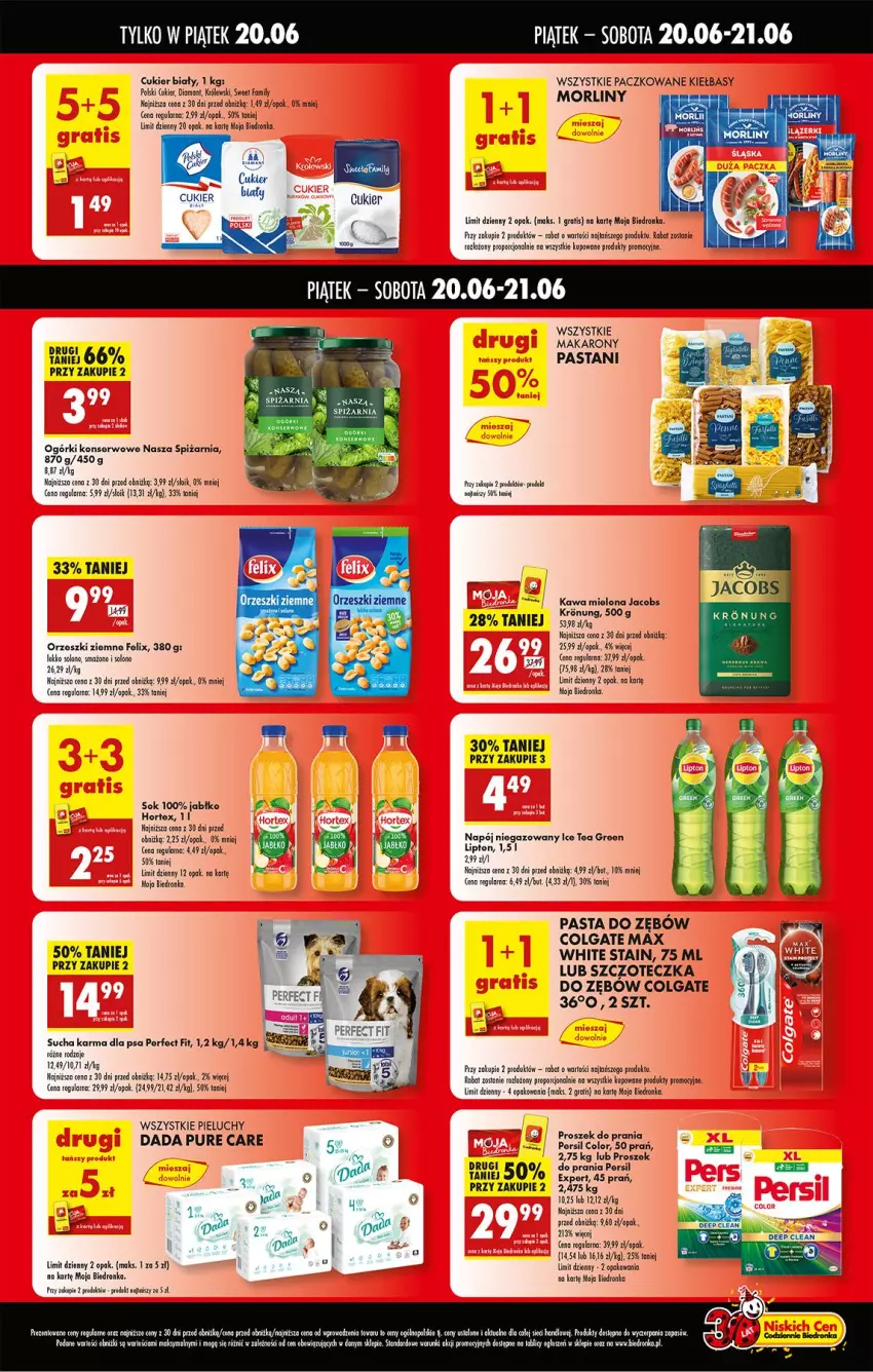 Gazetka promocyjna Biedronka - Tani Weekend - ważna 20.06 do 21.06.2025 - strona 2 - produkty: Colgate, Cukier, Dada, Dior, Felix, Gra, Hortex, Jacobs, Kawa, Kawa mielona, Królewski, LG, Lipton, Makaron, Morliny, Napój, Napój niegazowany, Ogórki konserwowe, Orzeszki, Orzeszki ziemne, Pasta do zębów, Persil, Pieluchy, Por, Proszek do prania, Pur, Ser, Sok, Sucha karma, Szczoteczka, Szczoteczka do zębów