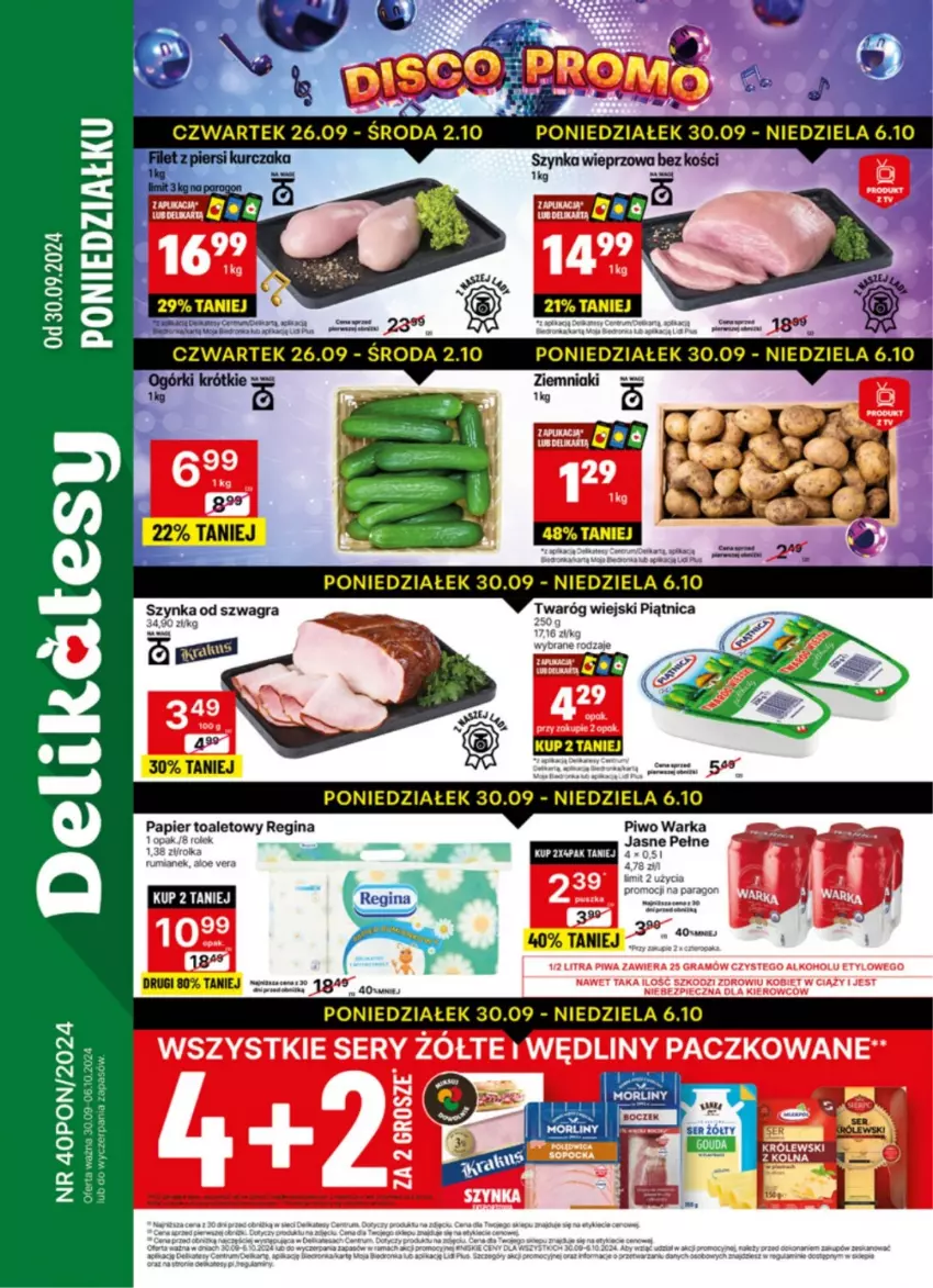 Gazetka promocyjna Delikatesy Centrum - NOWA GAZETKA Delikatesy Centrum od 30 września! 30.09-06.10.2024 - ważna 30.09 do 06.10.2024 - strona 1 - produkty: Gin, Gra, Papier, Papier toaletowy, Piątnica, Piwo, Rum, Ser, Szynka, Szynka wieprzowa, Twaróg, Warka, Ziemniaki