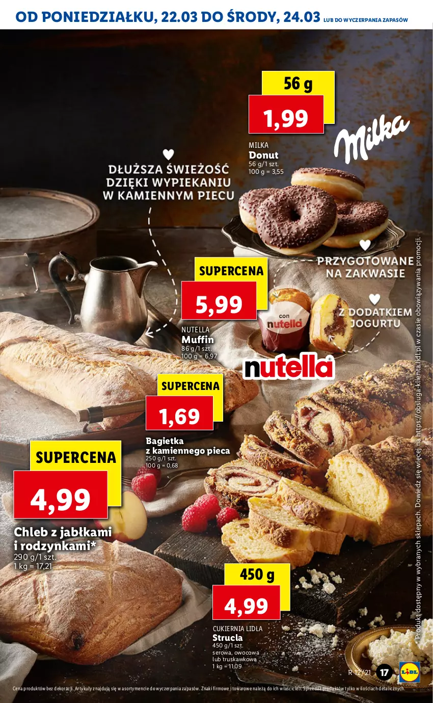 Gazetka promocyjna Lidl - Wielkanoc - ważna 22.03 do 24.03.2021 - strona 17 - produkty: Bagietka, Chleb, Cukier, Donut, Jabłka, Milka, Nutella, Piec, Ser, Strucla