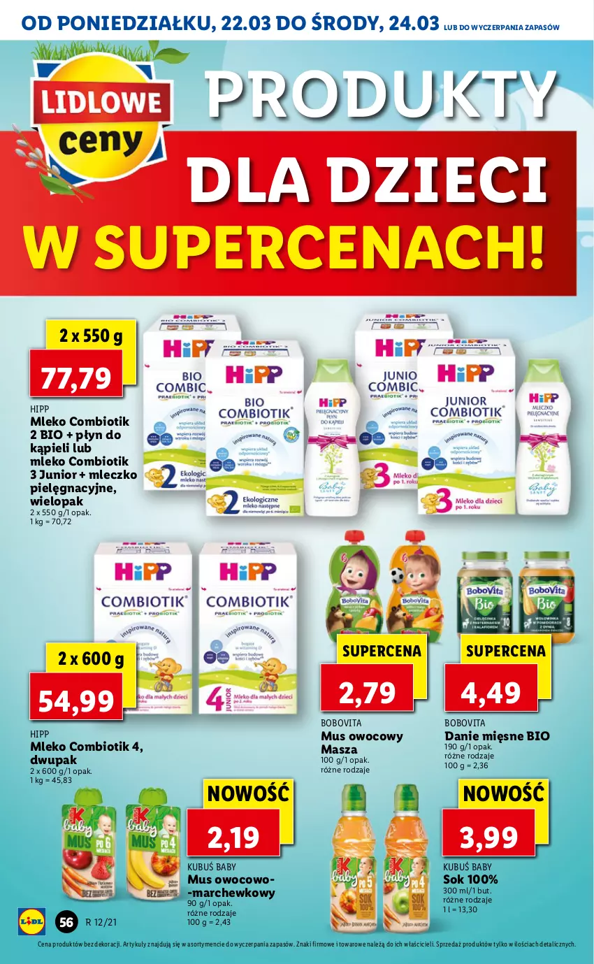 Gazetka promocyjna Lidl - Wielkanoc - ważna 22.03 do 24.03.2021 - strona 56 - produkty: BoboVita, Dzieci, HiPP, Kubuś, Mleczko, Mleko, Mus, Płyn do kąpieli, Sok