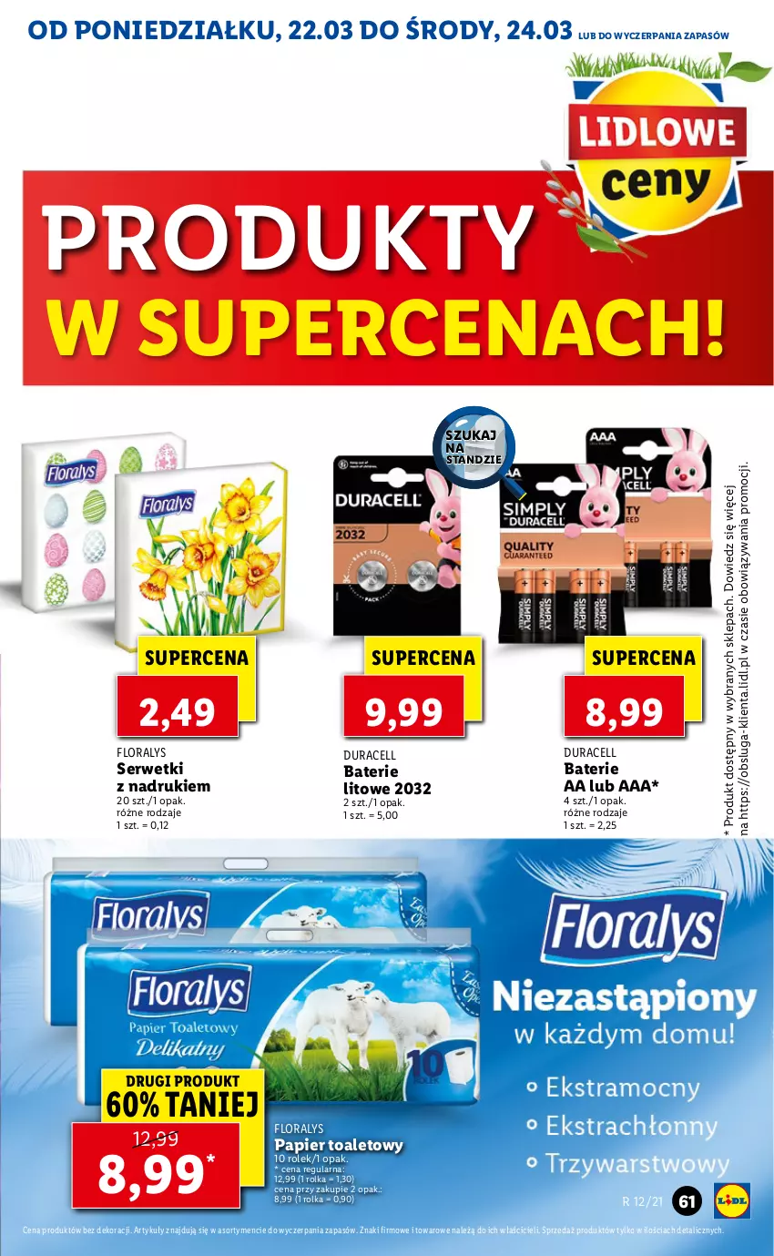 Gazetka promocyjna Lidl - Wielkanoc - ważna 22.03 do 24.03.2021 - strona 61 - produkty: Duracell, Flora, Papier, Papier toaletowy, Ser, Serwetki