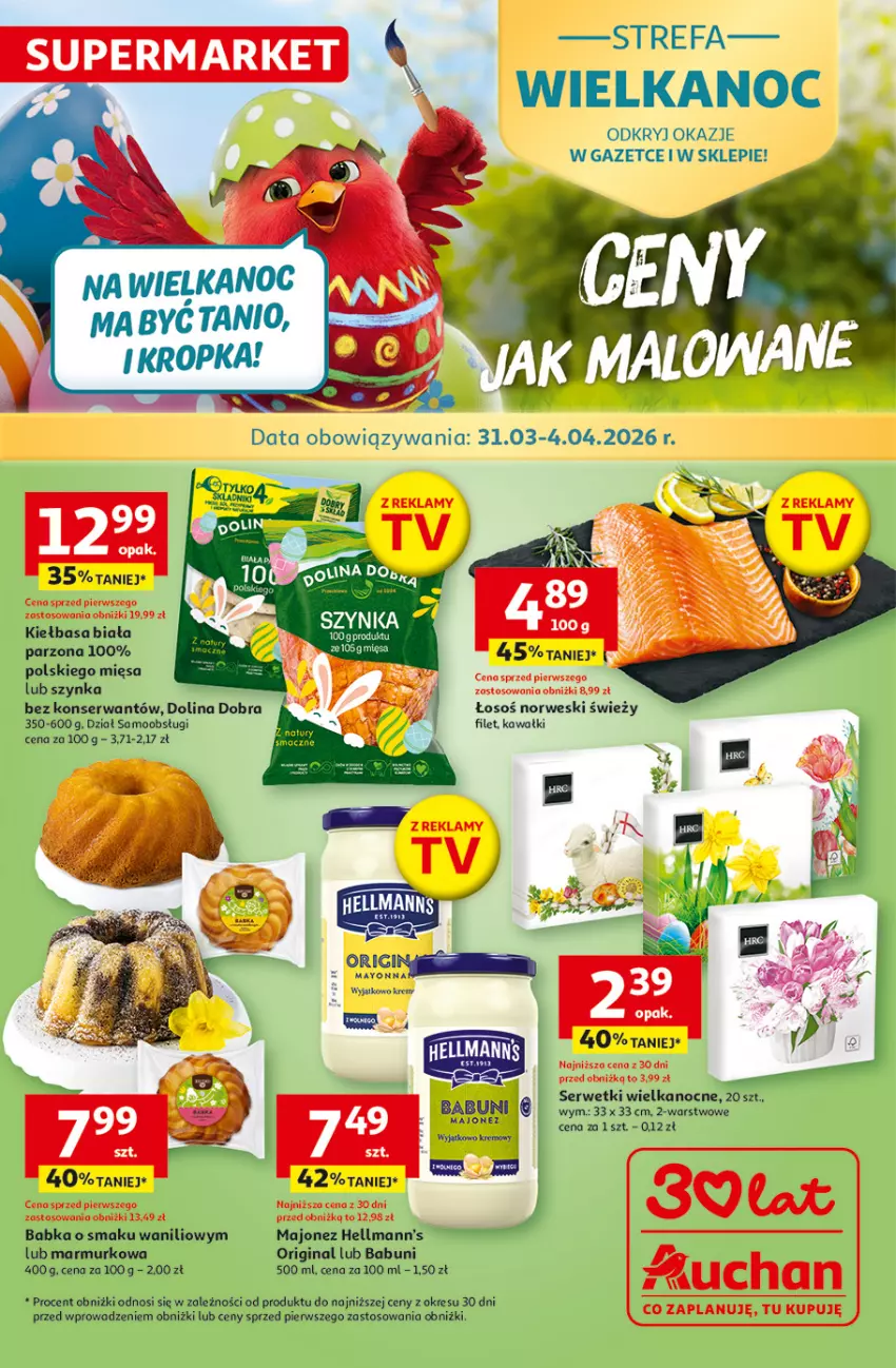 Gazetka promocyjna Auchan - 30 Lat Supermarket - ważna 31.03 do 04.04.2026 - strona 1 - produkty: Babka, Babuni, Fa, Gin, Kawa, Kiełbasa, Kiełbasa biała, Majonez, Ser, Serwetki, Szynka