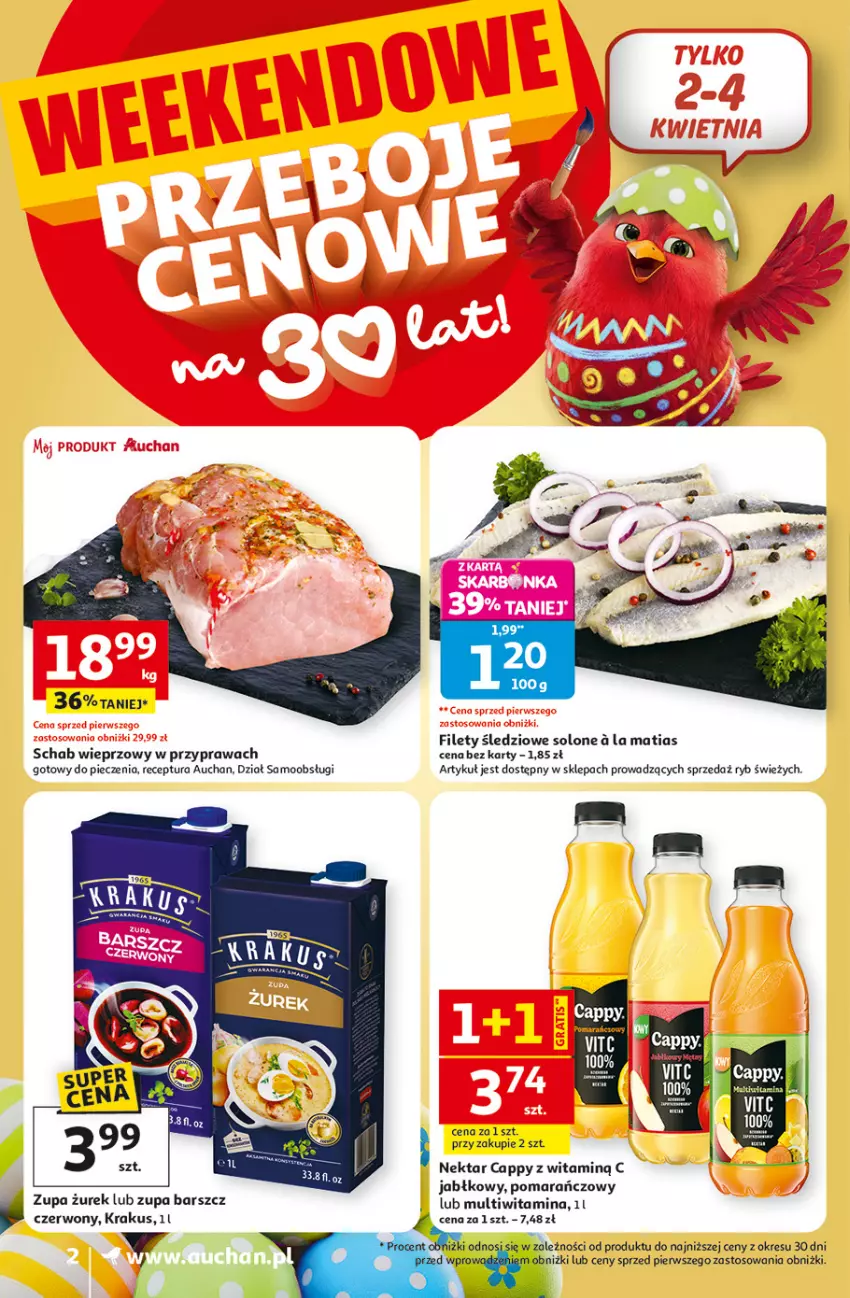 Gazetka promocyjna Auchan - 30 Lat Supermarket - ważna 31.03 do 04.04.2026 - strona 2 - produkty: Cappy, Krakus, Piec, Schab wieprzowy, Zupa