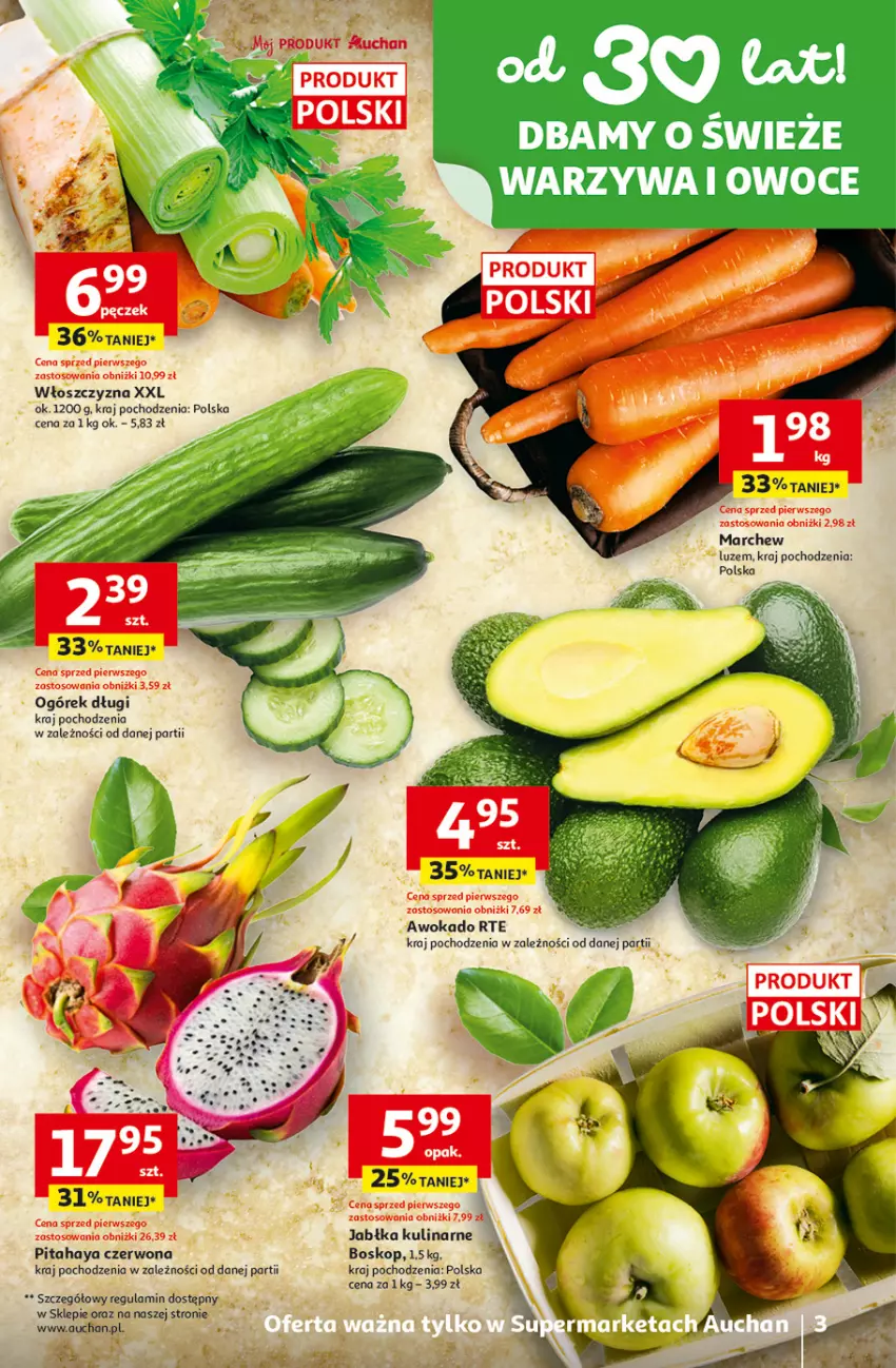 Gazetka promocyjna Auchan - 30 Lat Supermarket - ważna 31.03 do 04.04.2026 - strona 3 - produkty: Jabłka, Ogórek, Pitahaya