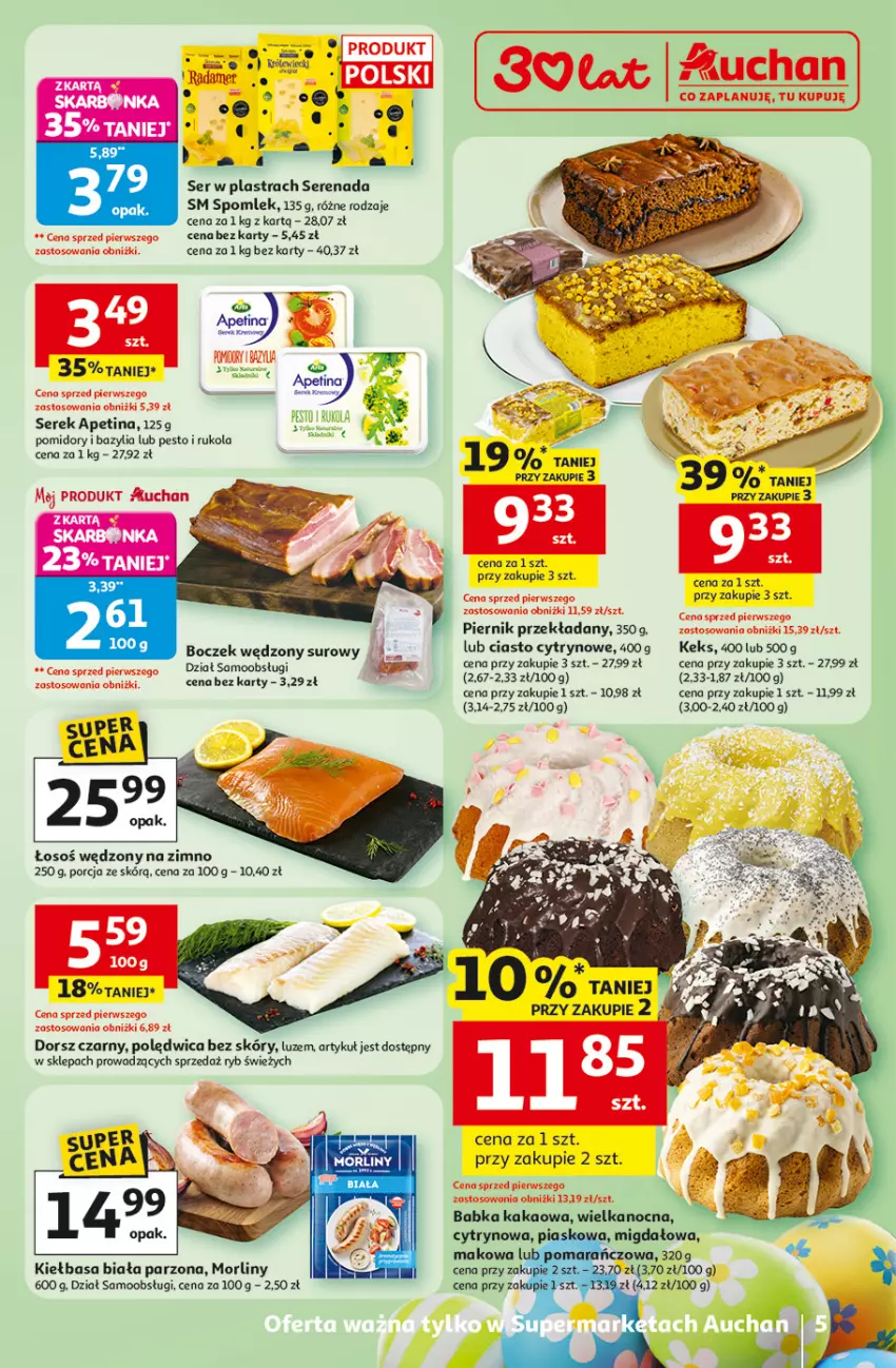 Gazetka promocyjna Auchan - 30 Lat Supermarket - ważna 31.03 do 04.04.2026 - strona 5 - produkty: Babka, Bazyl, Bazylia, Boczek, Dorsz, Gry, Kakao, Kiełbasa, Kiełbasa biała, Morliny, Pesto, Piernik, Polędwica, Pomidory, Por, Rukola, Ser, Serek