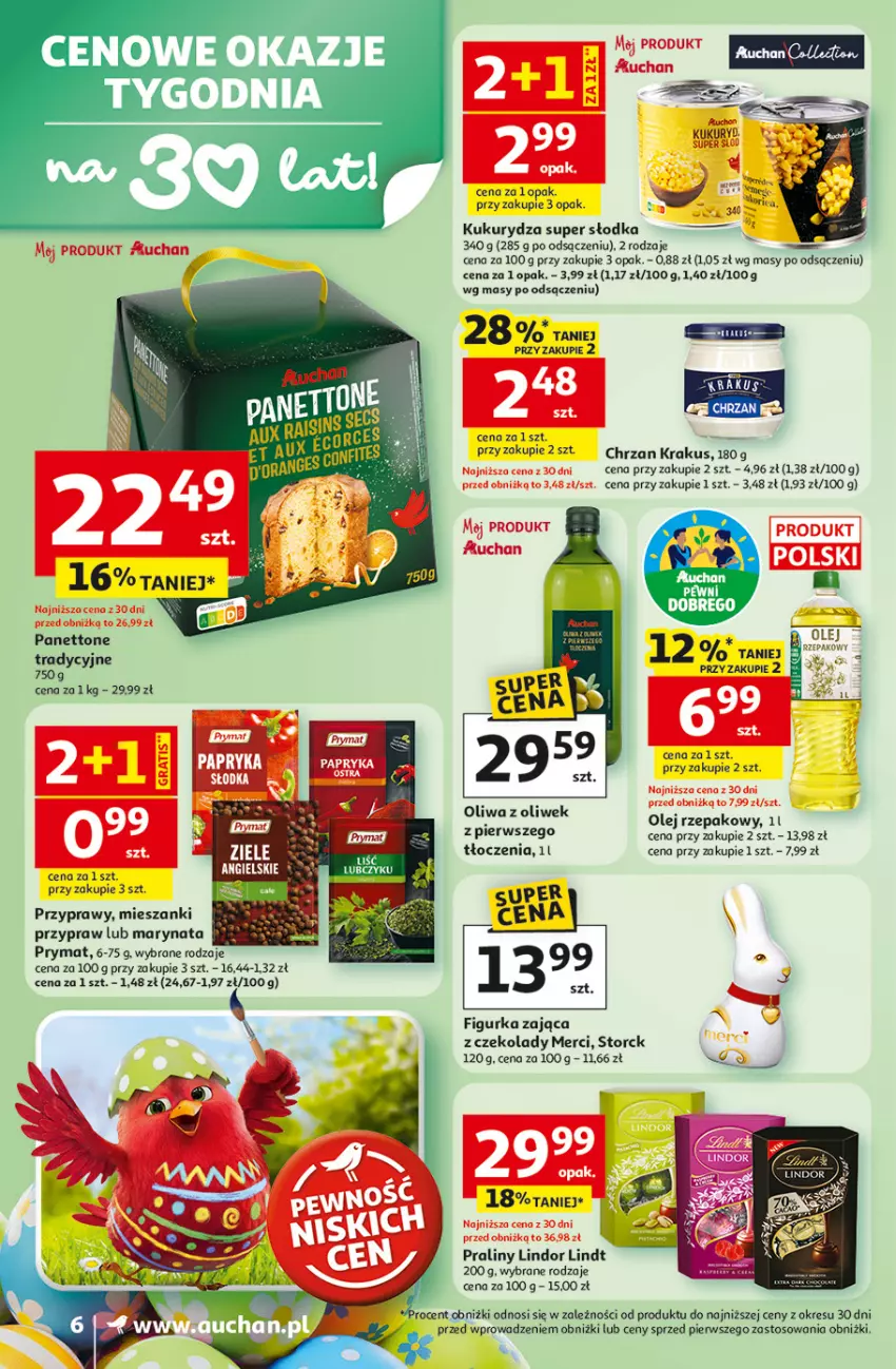 Gazetka promocyjna Auchan - 30 Lat Supermarket - ważna 31.03 do 04.04.2026 - strona 6 - produkty: Chrzan, Krakus, Kukurydza, Lindor, Lindt, Merci, Olej, Olej rzepakowy, Oliwa, Oliwa z oliwek, Praliny, Prymat, Przyprawy