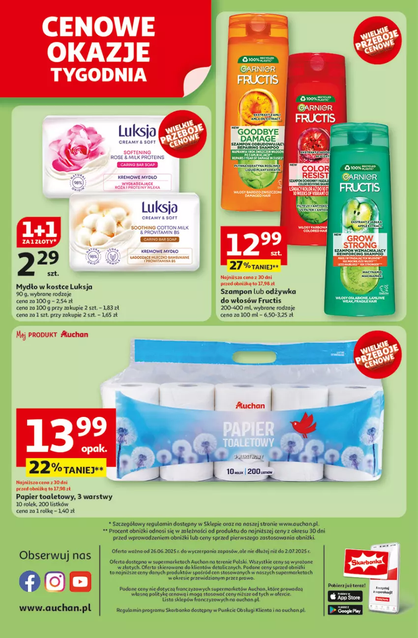 Gazetka promocyjna Auchan - ROZKRĘCAMY LATO Supermarket - ważna 26.06 do 02.07.2025 - strona 14 - produkty: Fructis, Gra, Luksja, Mydło, Odżywka, Papier, Papier toaletowy, Róża, Ser, Szampon