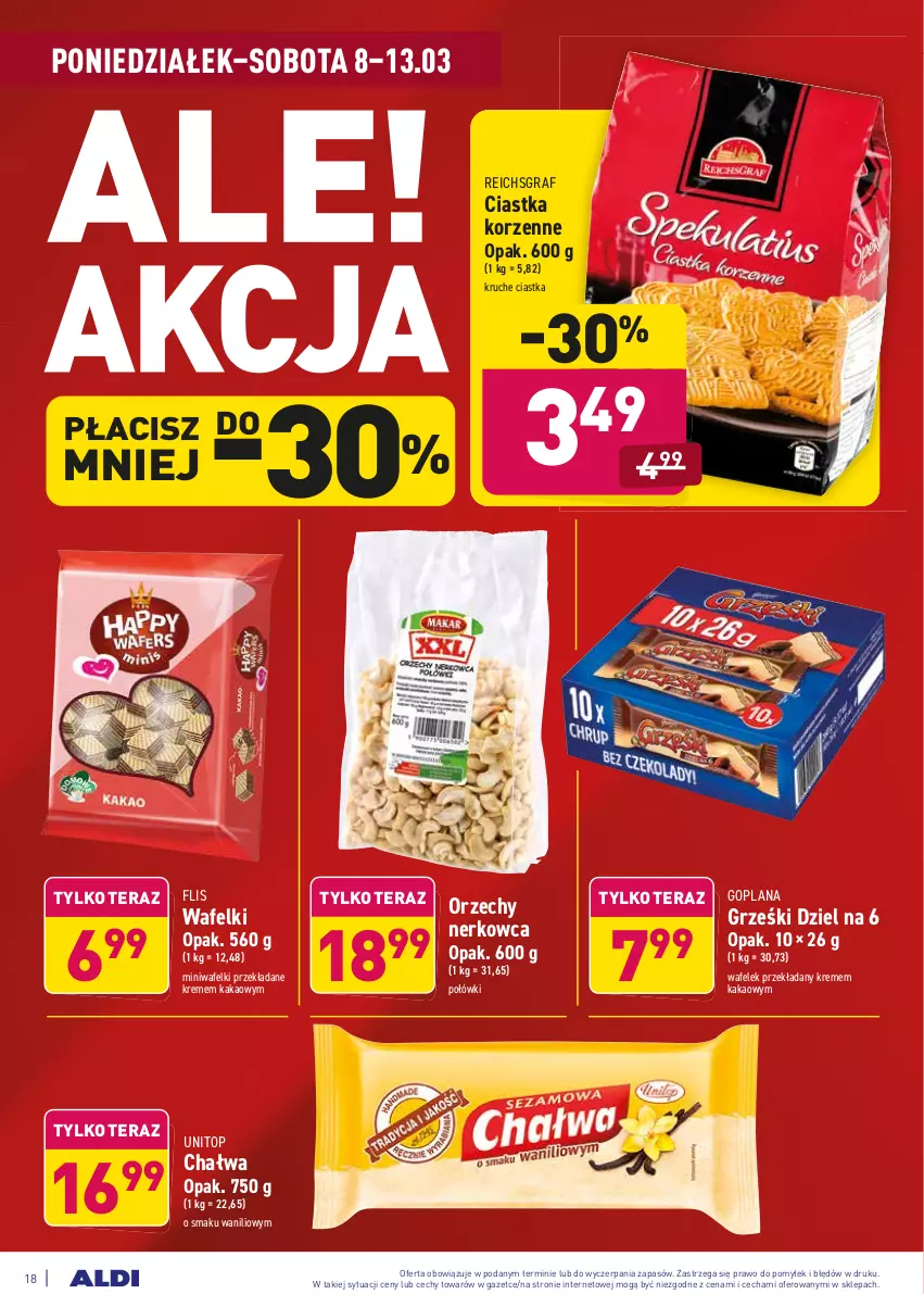 Gazetka promocyjna Aldi - ALE! CENA w ALDI - ważna 08.03 do 20.03.2021 - strona 18 - produkty: Chałwa, Ciastka, Goplana, Gra, Grześki, Kakao, LANA, Reichsgraf, Tera, Top, Wafelek