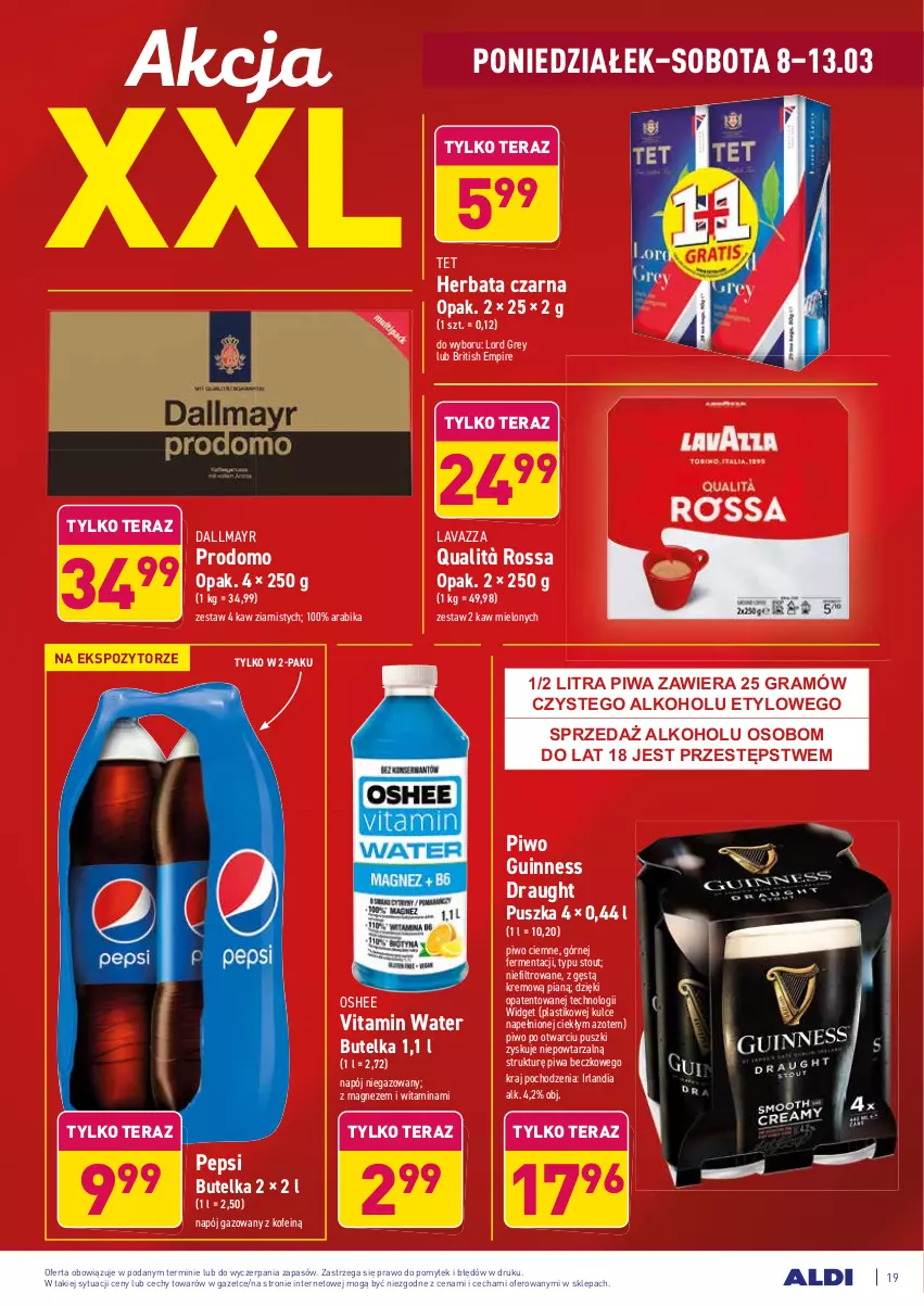 Gazetka promocyjna Aldi - ALE! CENA w ALDI - ważna 08.03 do 20.03.2021 - strona 19 - produkty: Brit, Dallmayr, Gra, Herbata, Herbata czarna, Lavazza, Magnez, Napój, Napój gazowany, Napój niegazowany, Oshee, Pepsi, Piwa, Piwo, Tera