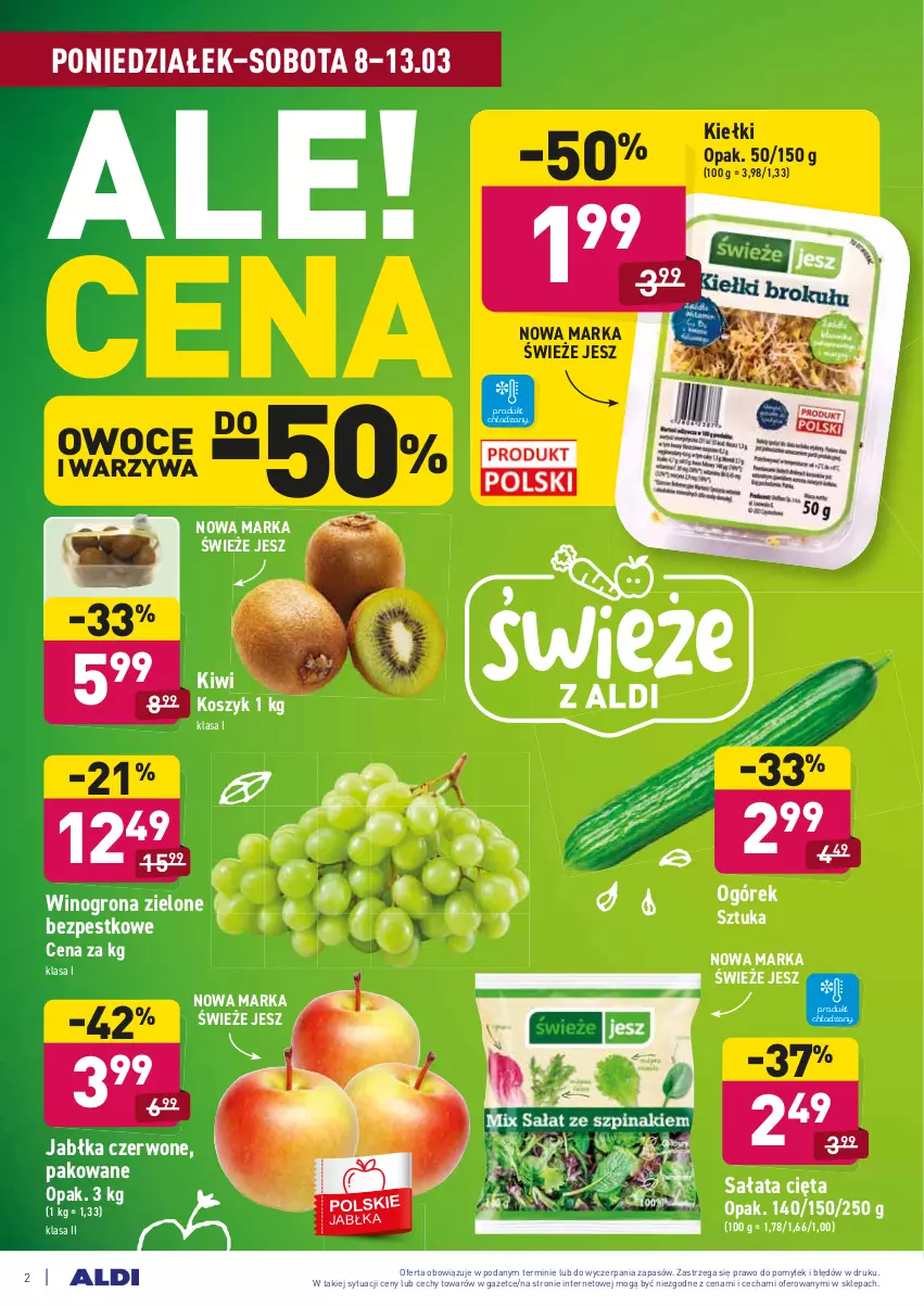 Gazetka promocyjna Aldi - ALE! CENA w ALDI - ważna 08.03 do 20.03.2021 - strona 2 - produkty: Jabłka, Kiełki, Kiwi, Kosz, Ogórek, Owoce, Sałat, Warzywa, Wino, Winogrona